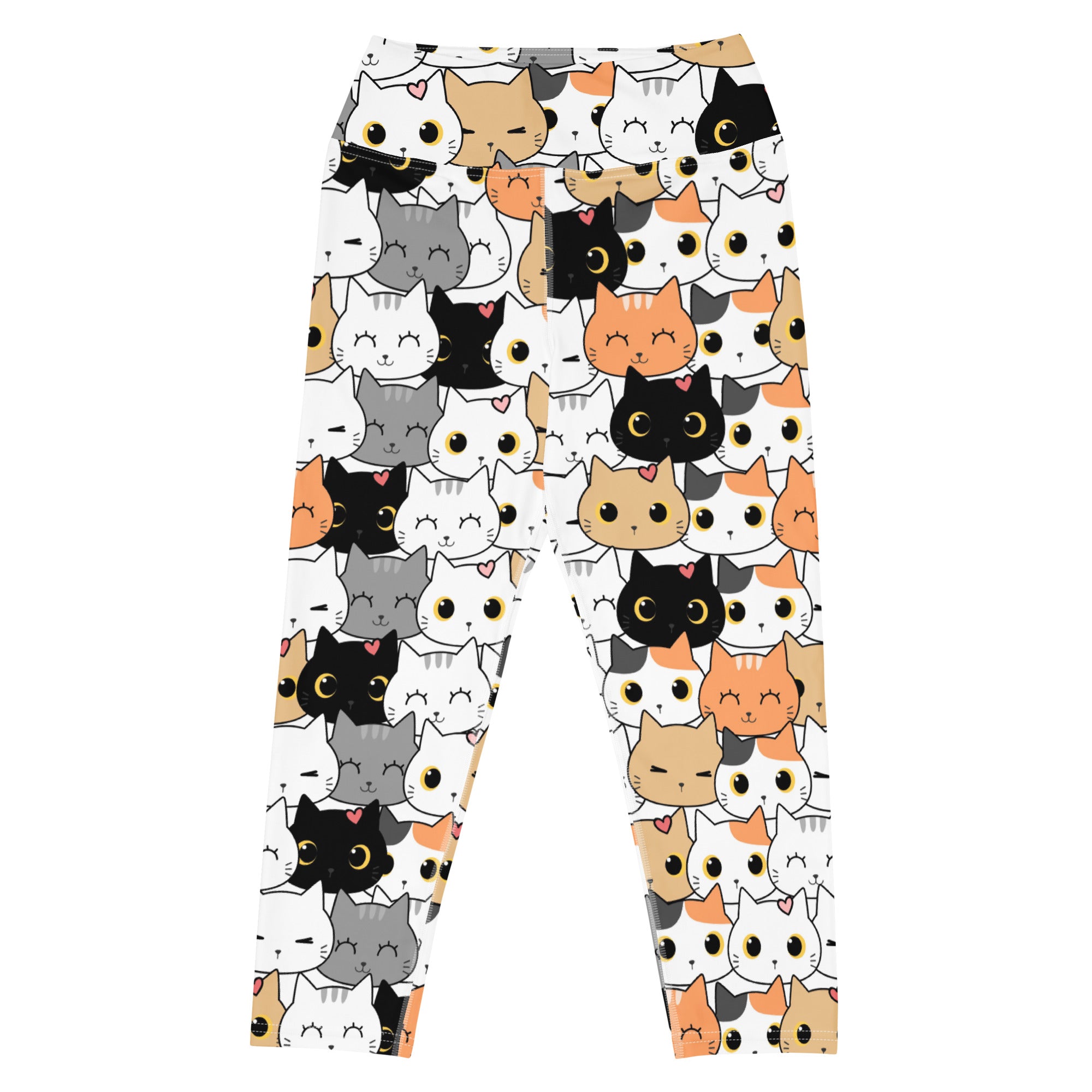 White women’s high-rise buttery soft yoga capri leggings with colorful cartoon cat faces moisture-wicking stretch