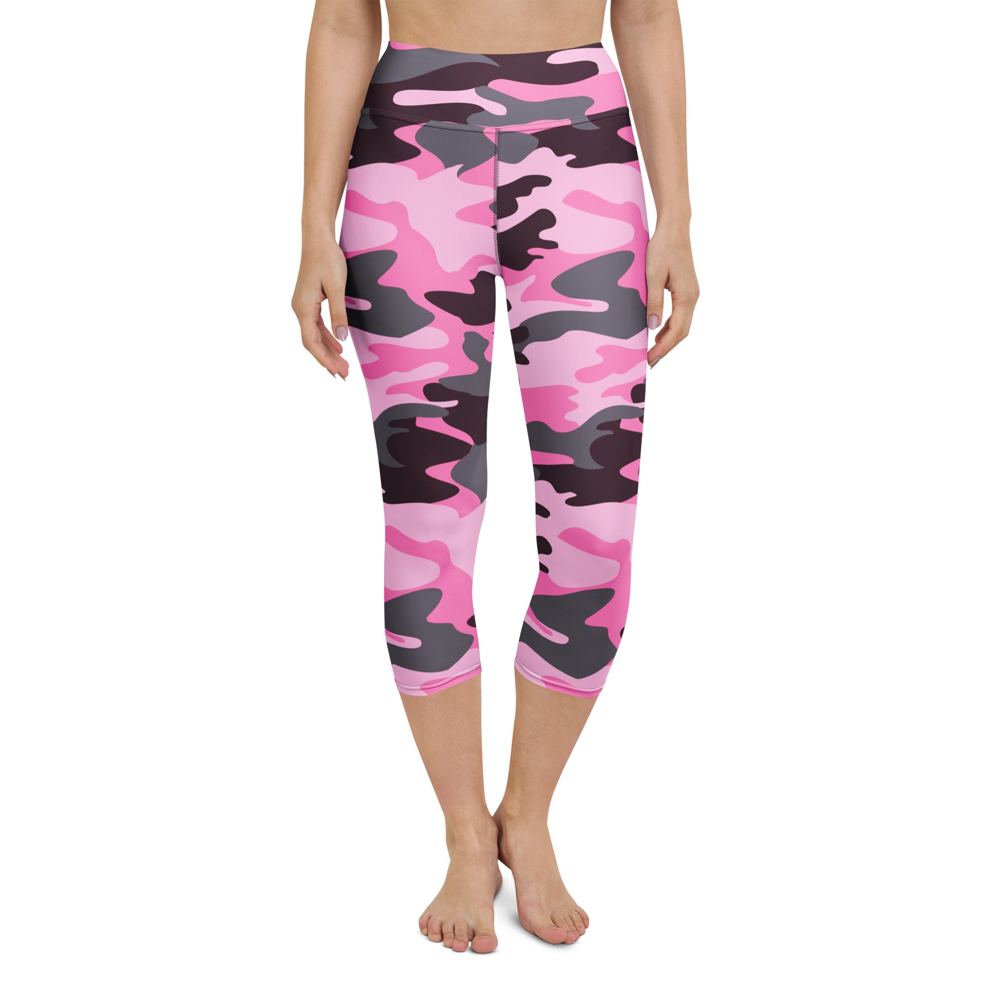 Women’s high-rise pink and black camouflage buttery soft moisture-wicking yoga capri leggings front view