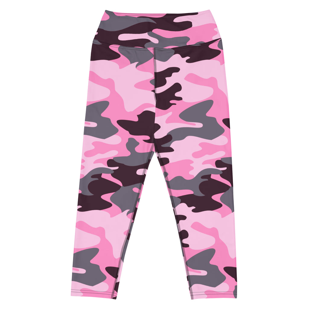 Women’s pink and gray camouflage high-rise buttery soft yoga capri leggings with moisture-wicking stretch fabric
