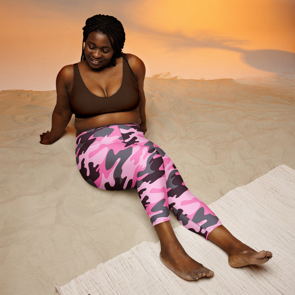 Women’s pink and black camouflage high-rise buttery soft yoga capri leggings with moisture-wicking stretch fabric
