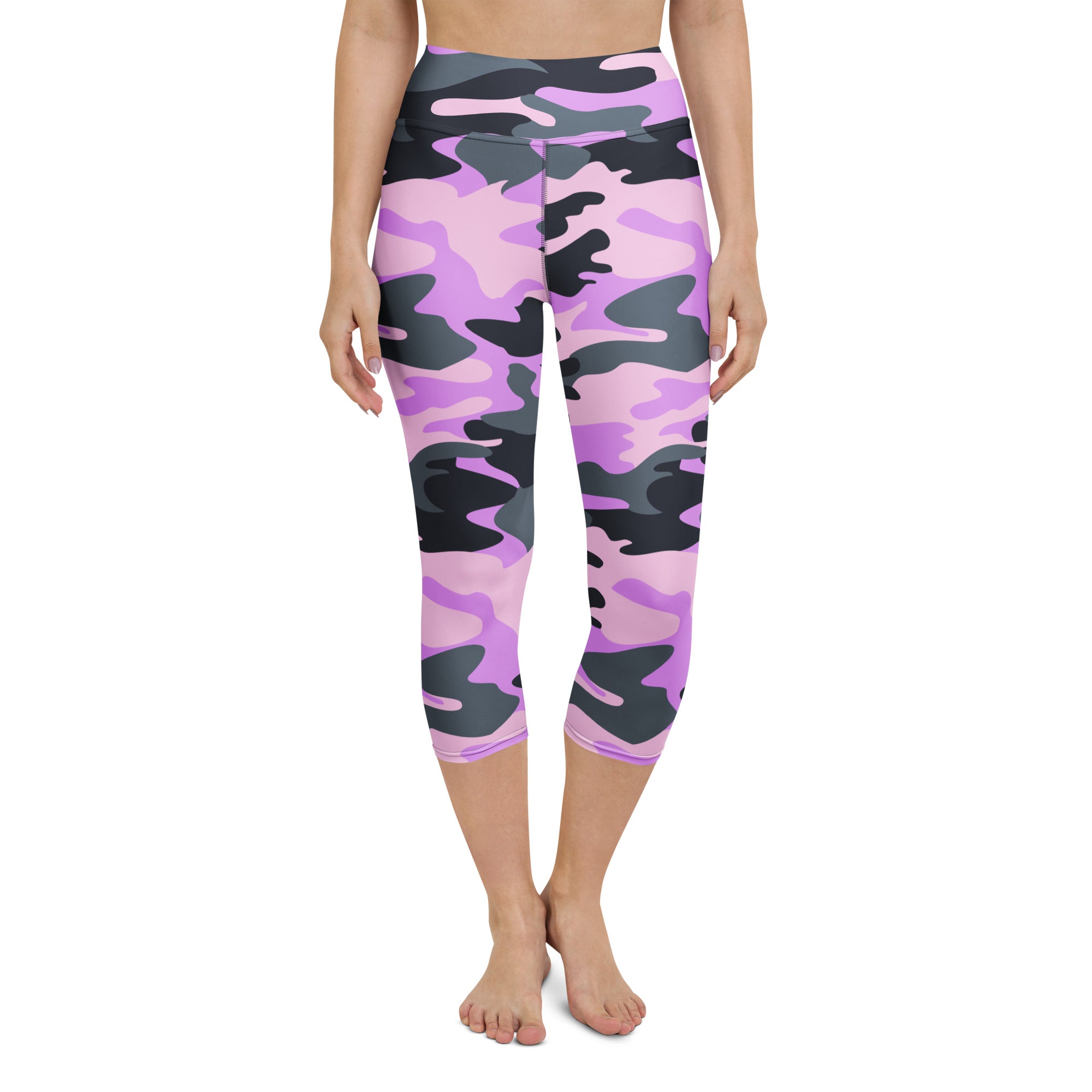 Women’s purple camouflage buttery soft high-rise moisture-wicking capri leggings in pink and black pattern