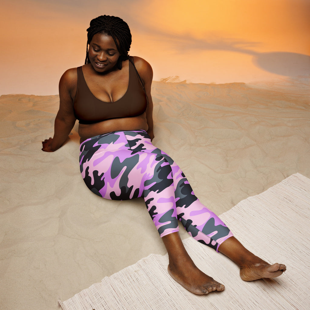 Women’s purple and black camouflage high-rise buttery soft yoga capri leggings with moisture-wicking stretch fabric