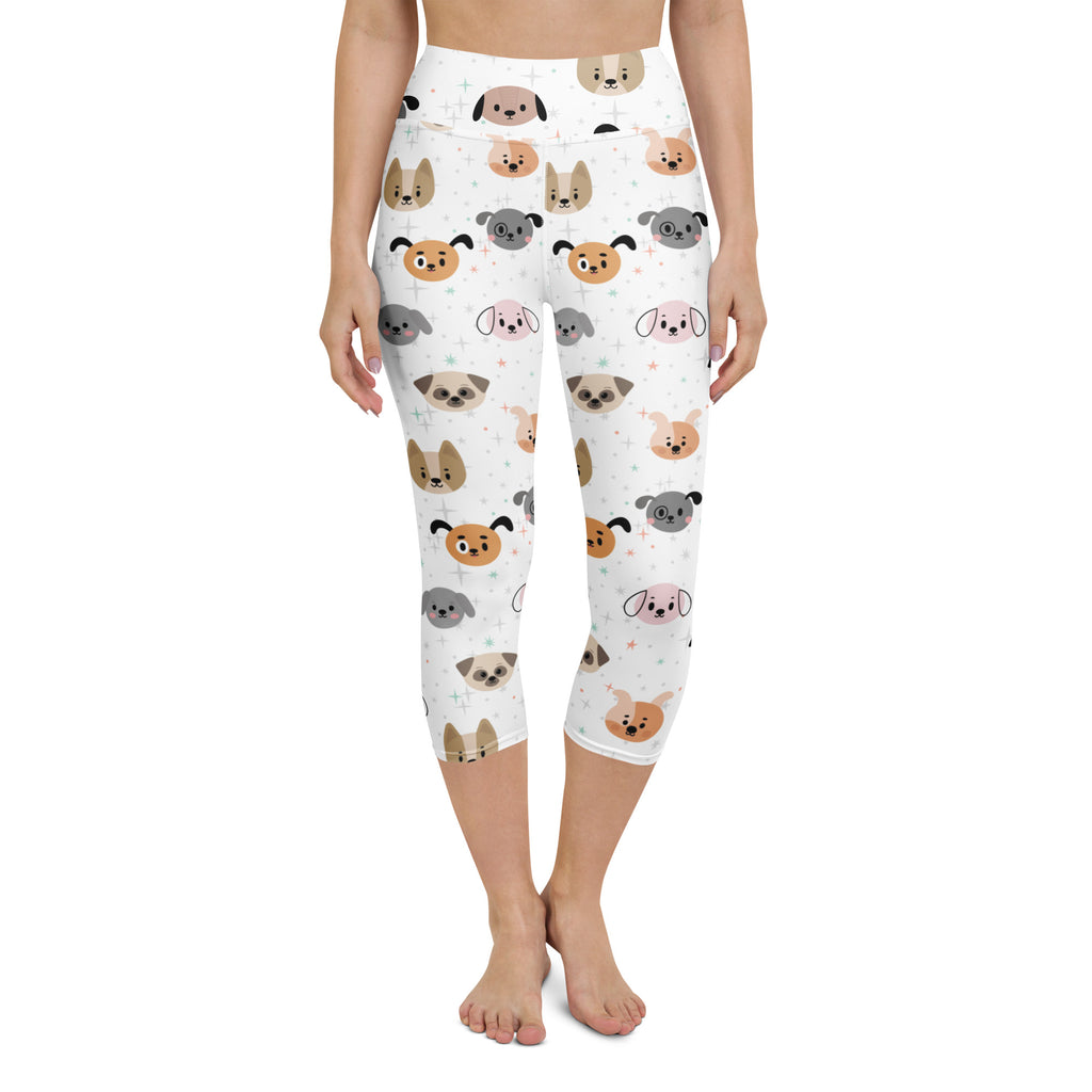 White high-rise buttery soft yoga capri leggings with colorful cartoon dog faces moisture-wicking stretch fabric