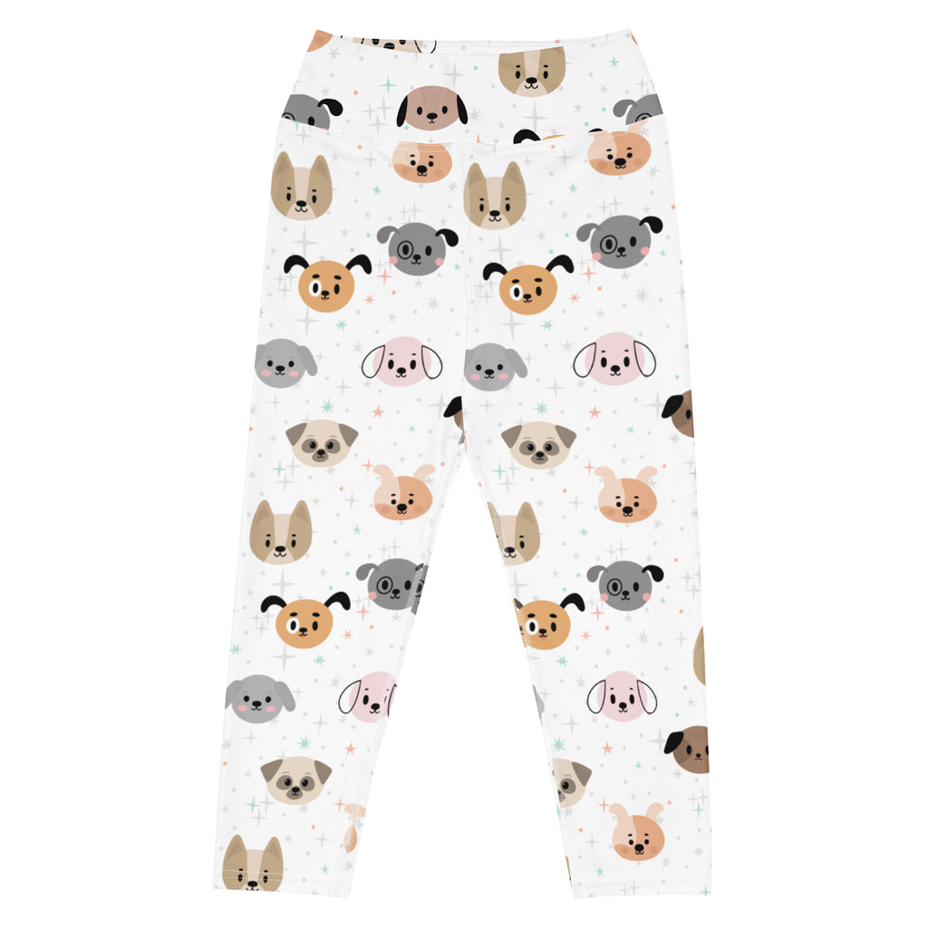 White women’s dog face buttery soft yoga capri leggings with colorful cartoon dog pattern high-rise moisture-wicking