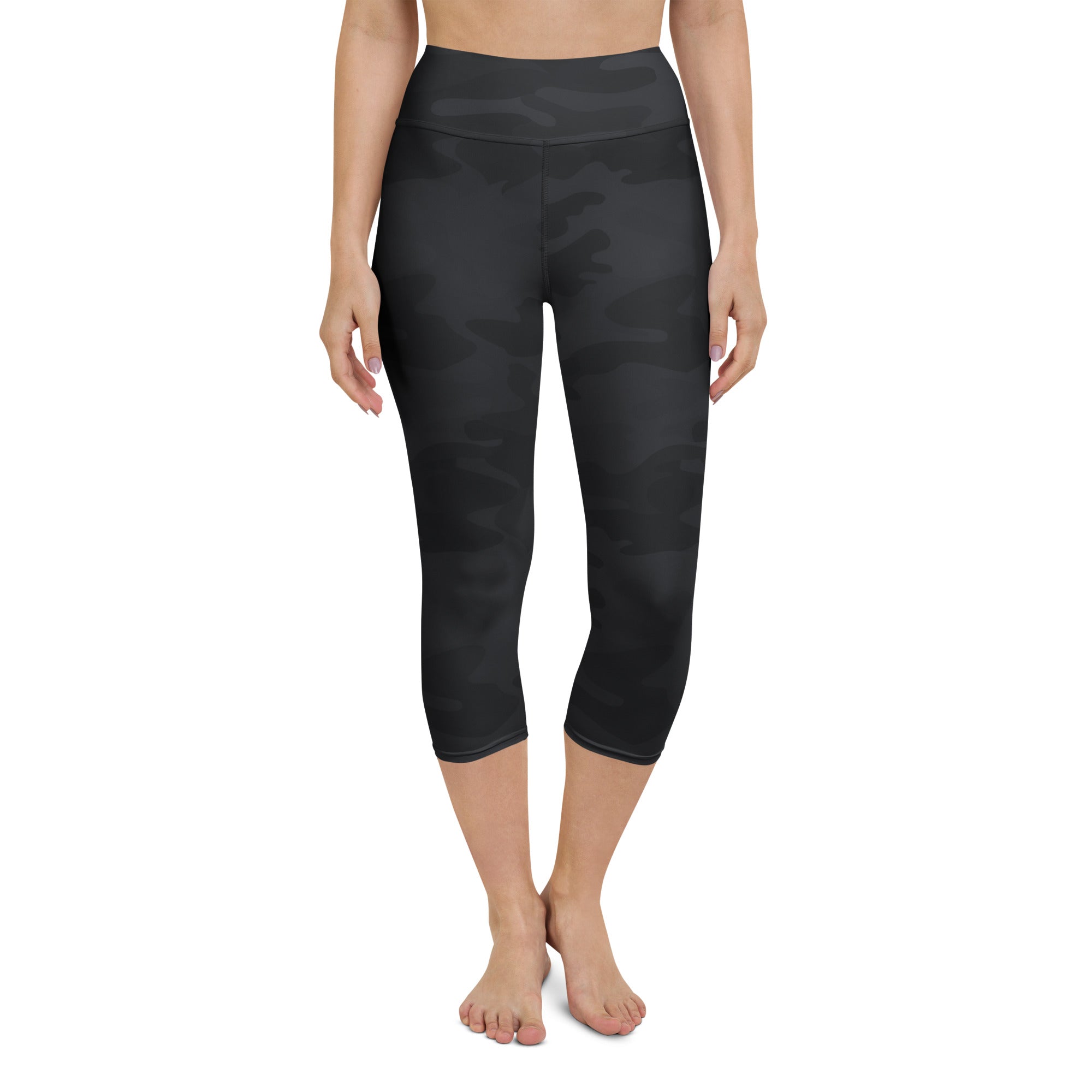 Women’s black camouflage buttery soft yoga capri leggings with high-rise waistband and moisture-wicking fabric