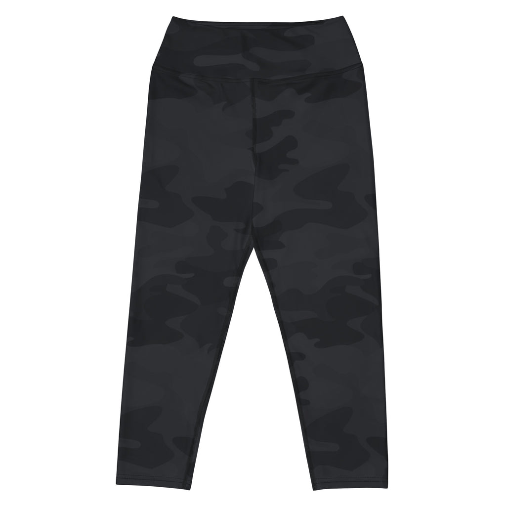 Women’s high-rise black camouflage buttery soft yoga capri leggings with moisture-wicking soft stretch fabric