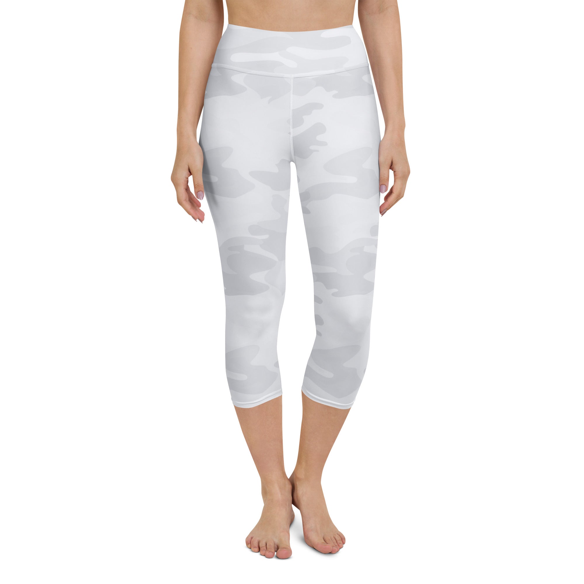 Women’s white and gray camouflage high-rise capri leggings with buttery soft moisture-wicking stretch fabric
