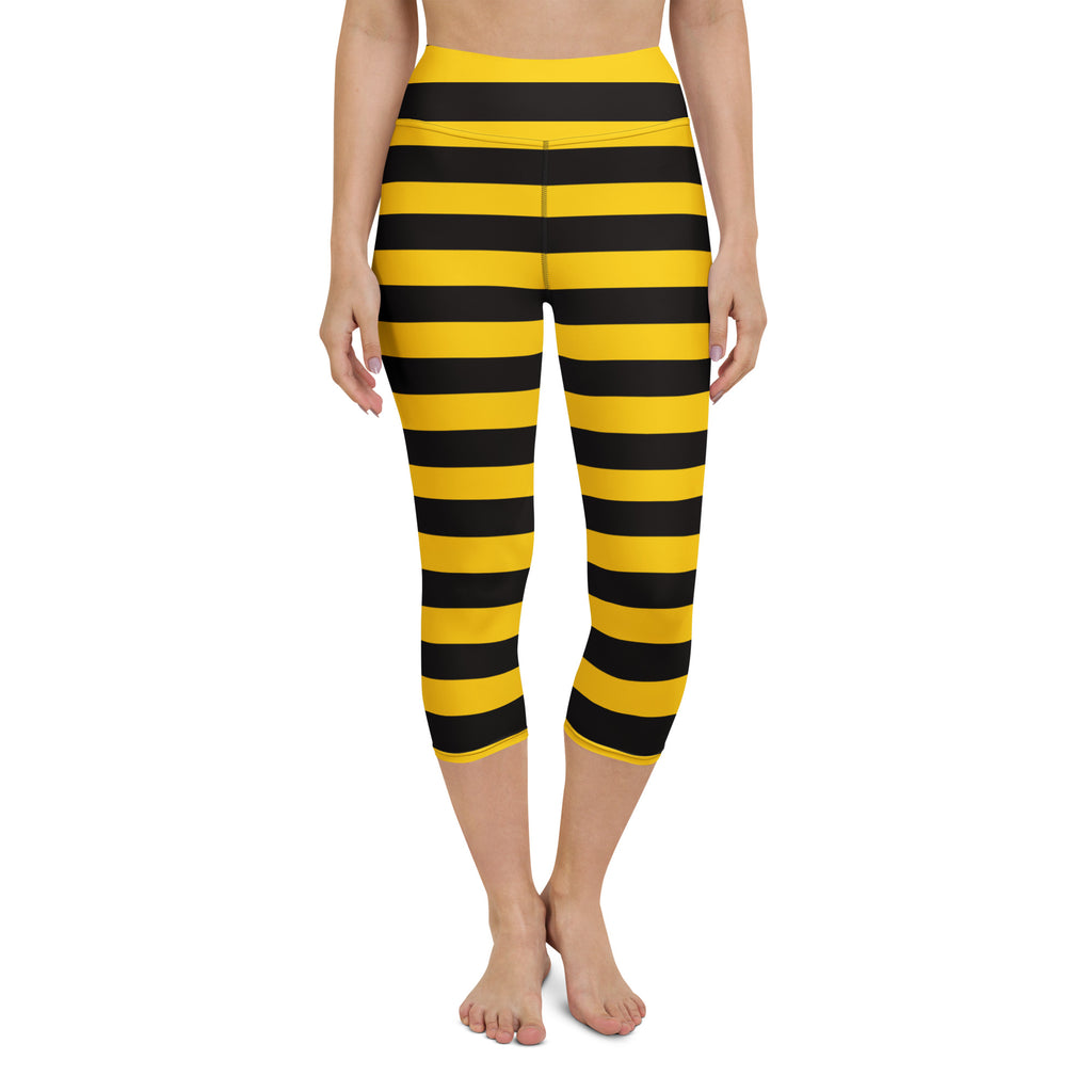 Women’s bumblebee stripe buttery soft yellow and black striped high-rise moisture-wicking yoga capri leggings