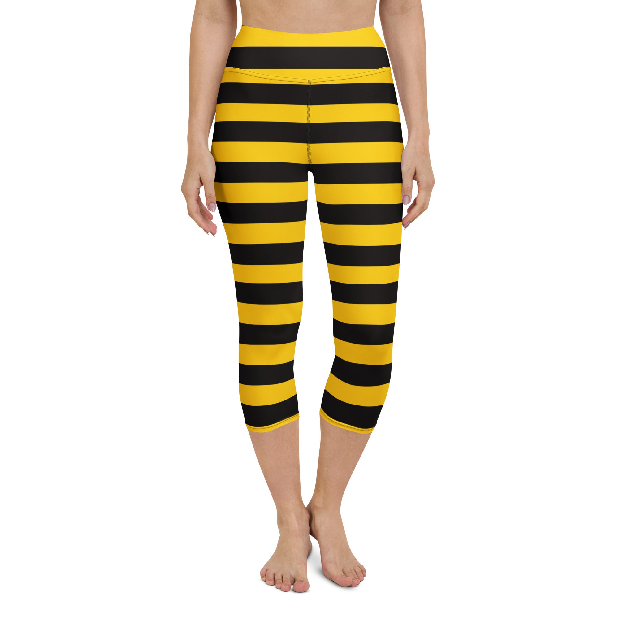 Women’s bumblebee stripe buttery soft yellow and black striped high-rise moisture-wicking yoga capri leggings