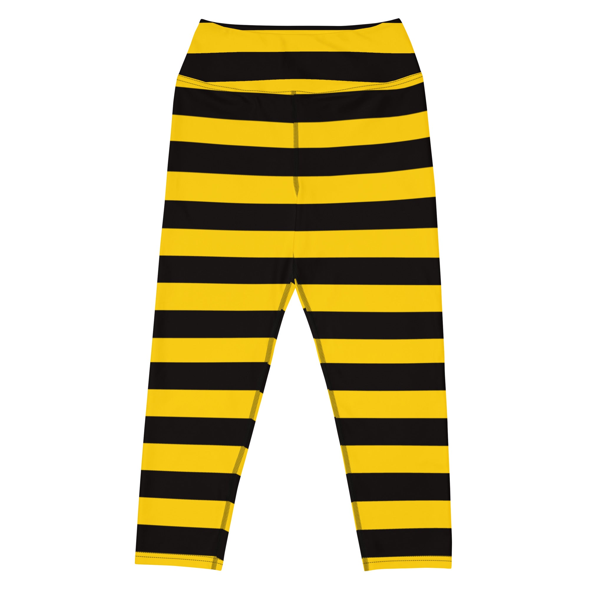 Women’s high-rise yellow and black striped buttery soft yoga capri leggings with moisture-wicking stretch fabric