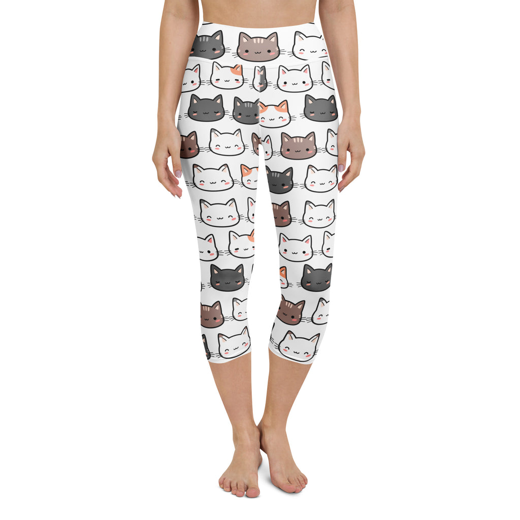 White capri leggings with colorful cartoon cats high-rise buttery soft moisture-wicking yoga activewear pants