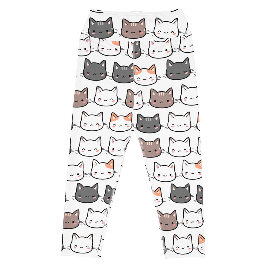 Women’s cute cat buttery soft high-rise white yoga capri leggings with colorful cartoon cat face pattern