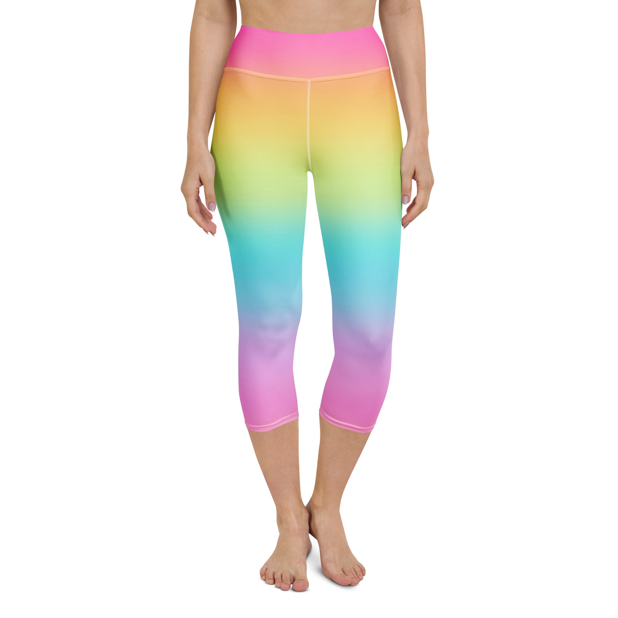 Rainbow gradient capri leggings with high-rise waist and buttery soft stretchy fabric for moisture-wicking comfort