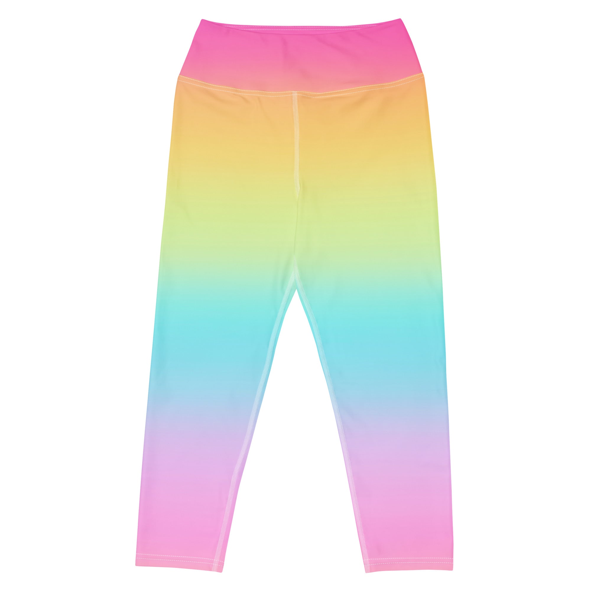 Women’s bright rainbow buttery soft yoga capri leggings with high-rise smooth stretch fabric in vibrant gradient hues