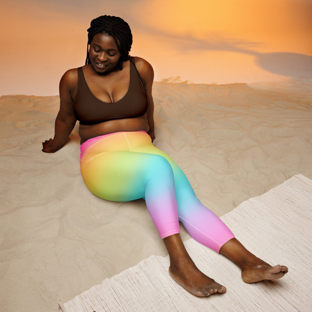 Women’s bright rainbow high-rise yoga capri leggings in seamless buttery soft moisture-wicking stretch fabric