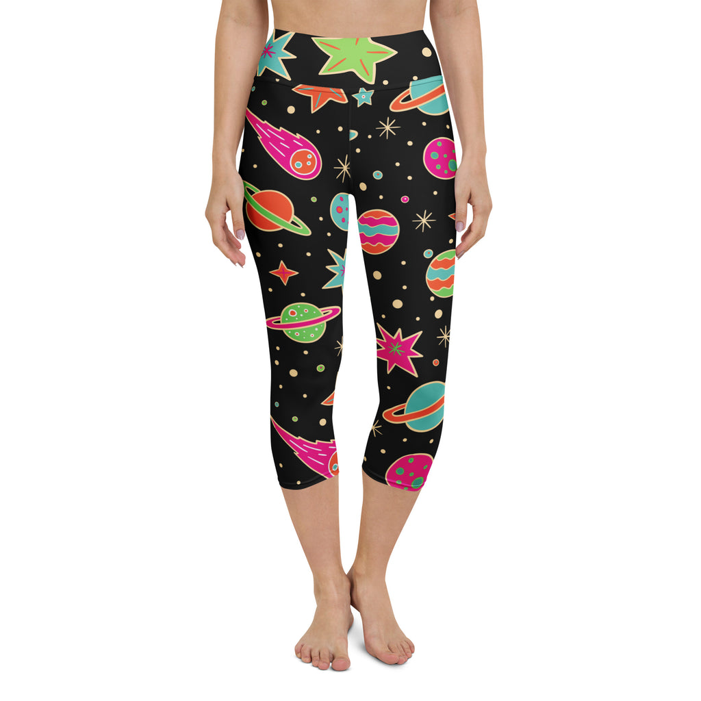 Women’s retro galaxy buttery soft black capri leggings with colorful space print high-rise moisture-wicking pants