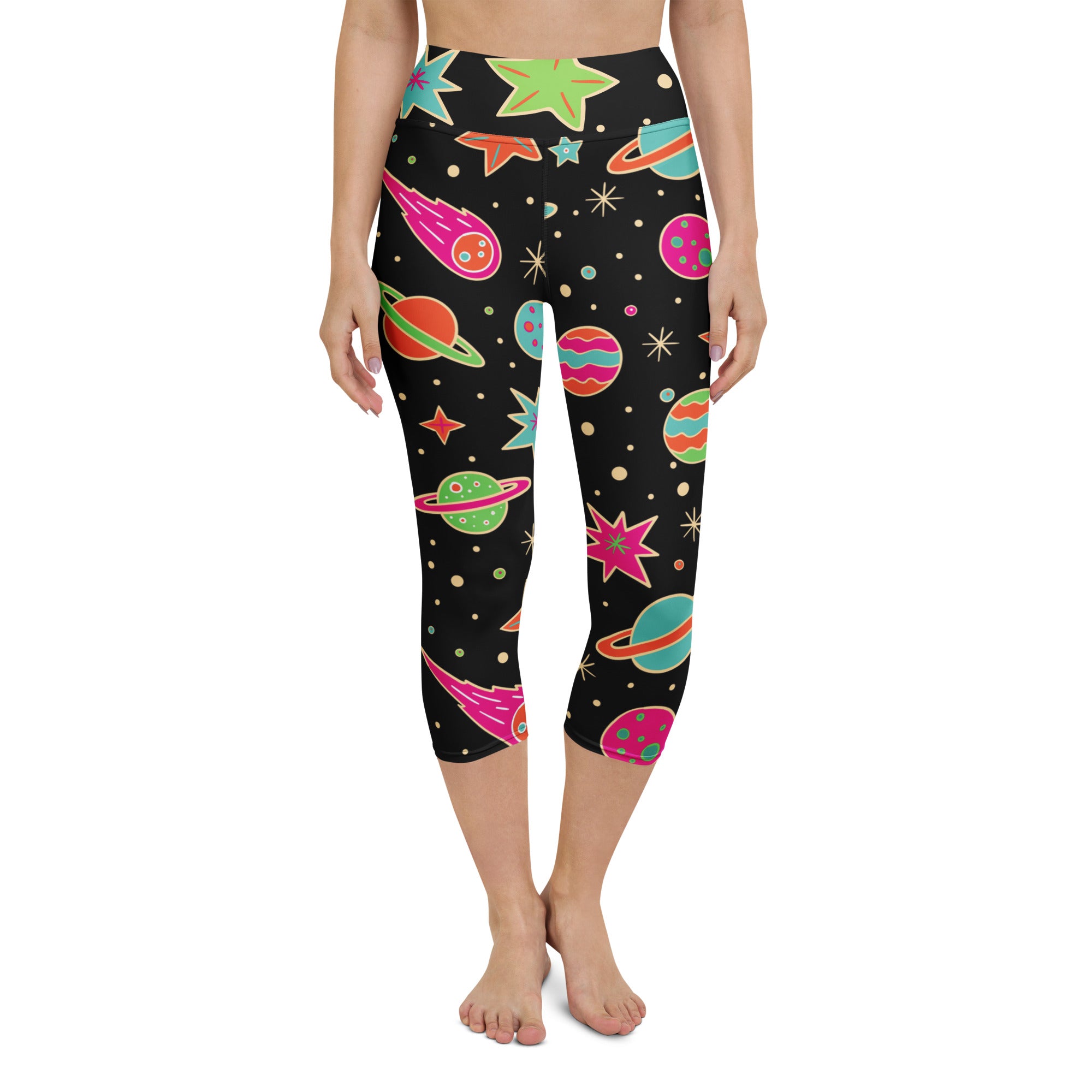 Women’s retro galaxy buttery soft black capri leggings with colorful space print high-rise moisture-wicking pants