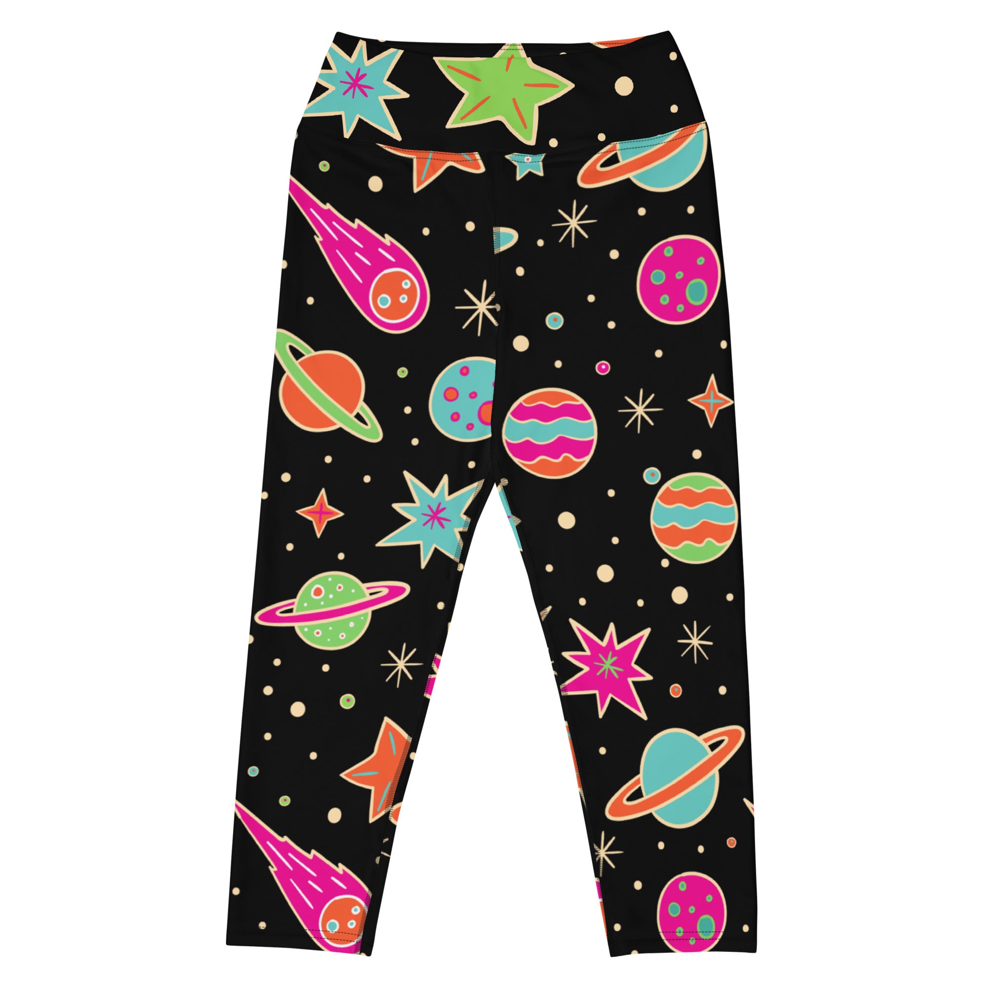 Women’s retro galaxy buttery soft high-rise black leggings with vibrant neon space theme for moisture-wicking activewear