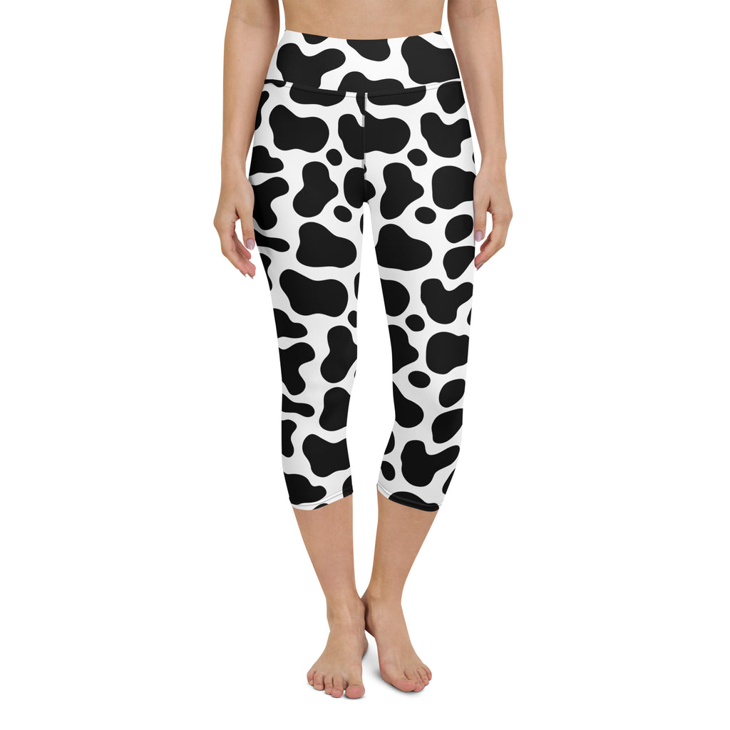 Women’s black and white cow print buttery soft yoga capri leggings high rise moisture wicking stretch activewear pants