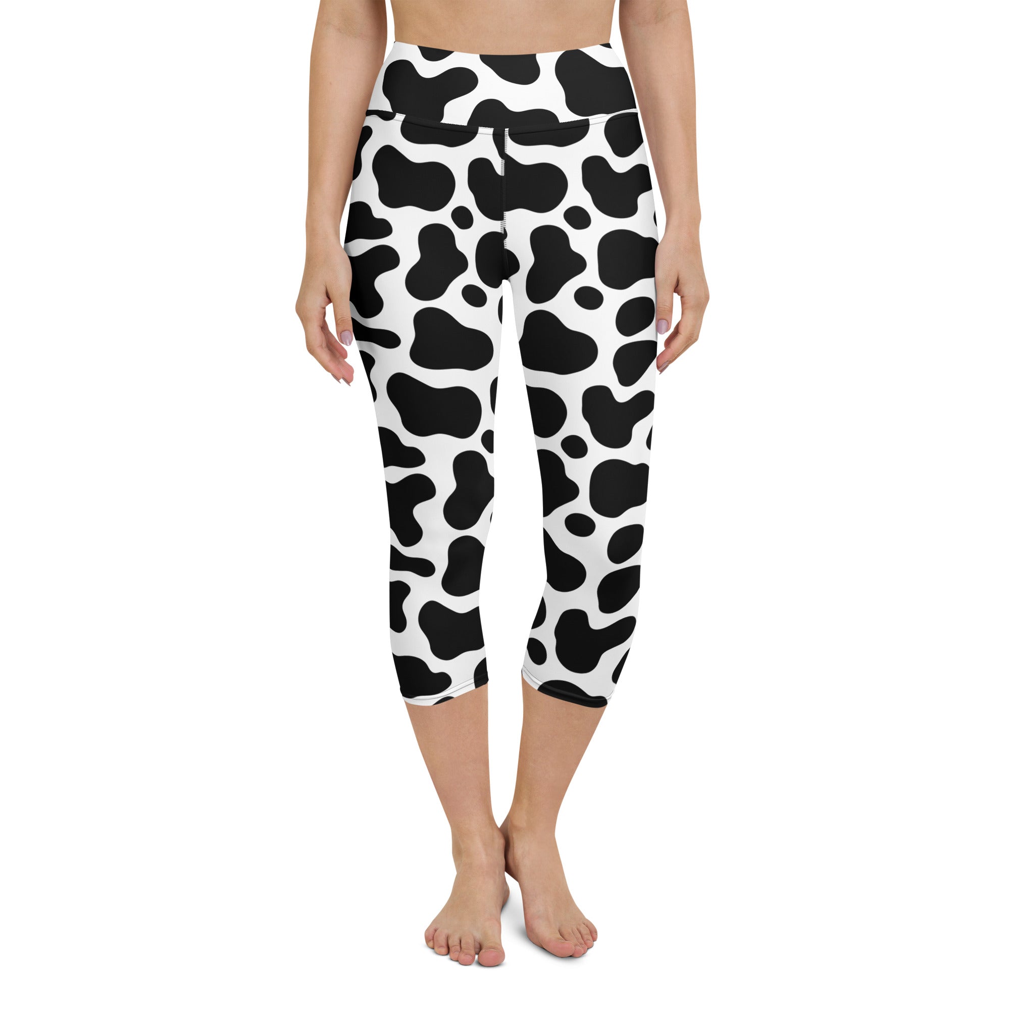 Women’s black and white cow print buttery soft yoga capri leggings high rise moisture wicking stretch activewear pants