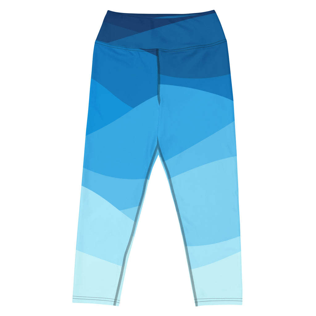Women’s wavy blue high-rise yoga capri leggings with buttery soft stretchy moisture-wicking fabric