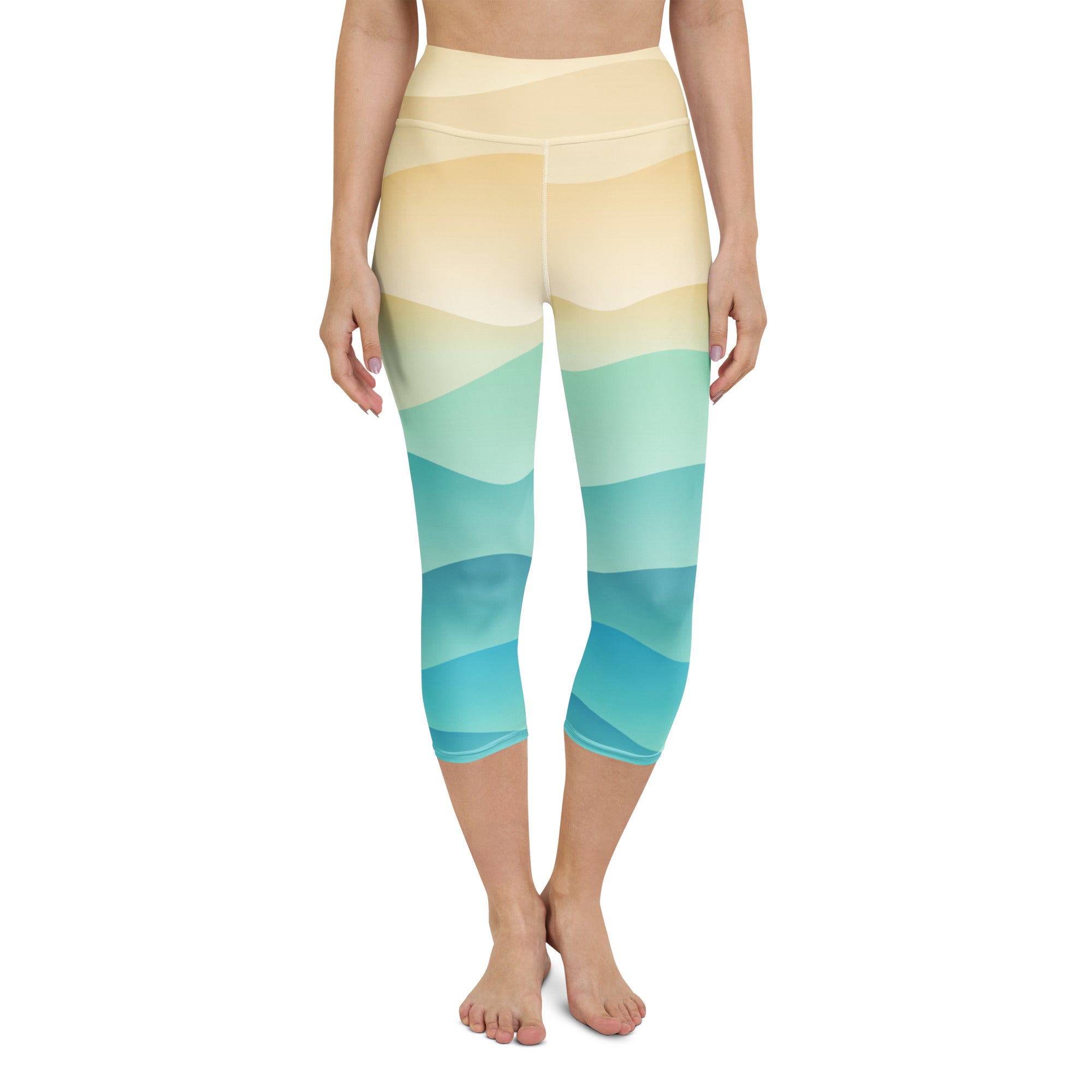 Women’s coastal gradient buttery soft yoga capri leggings with pastel cream mint green teal waves high rise moisture wicking