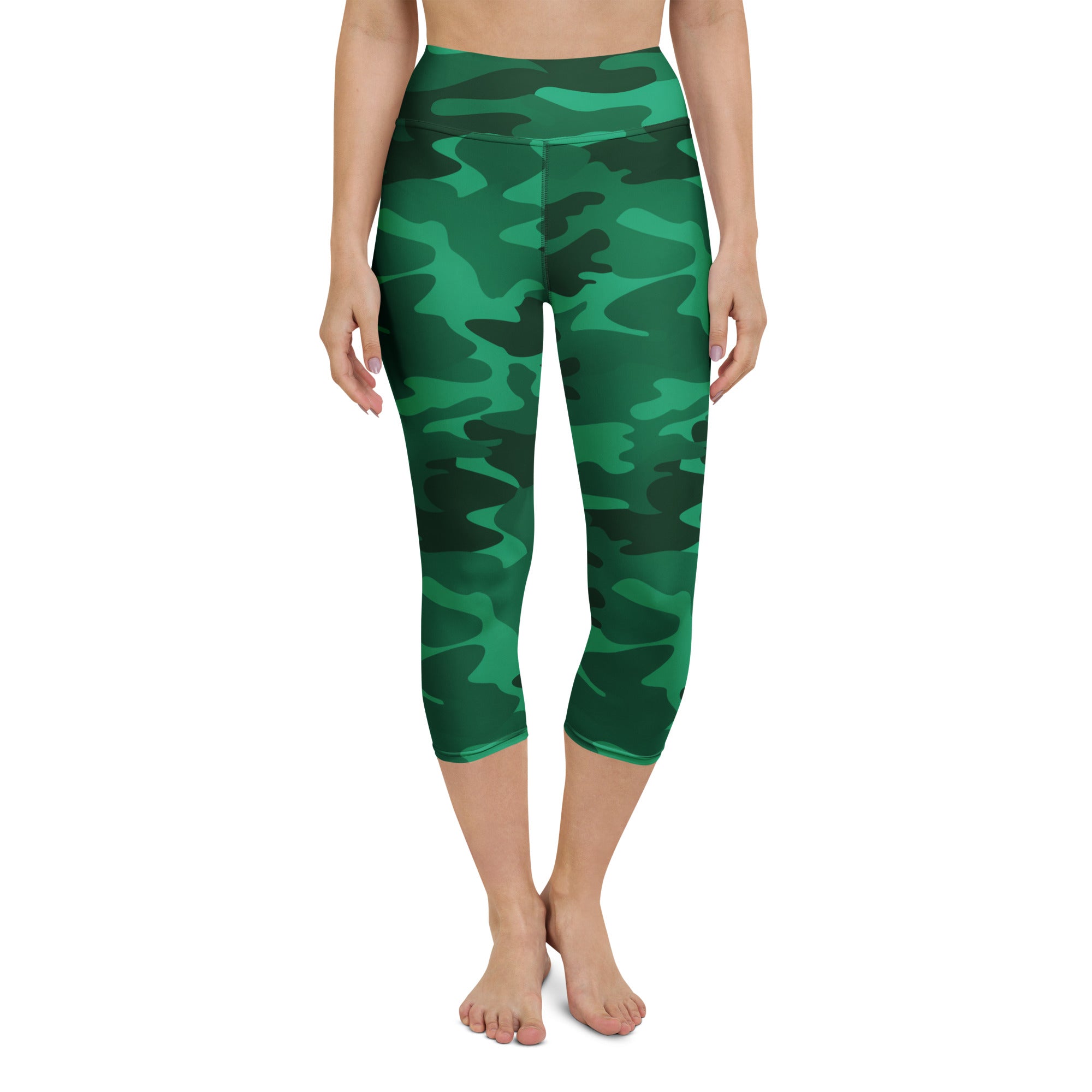 Women’s green camouflage buttery soft high-rise yoga capri leggings with moisture-wicking stretch fabric
