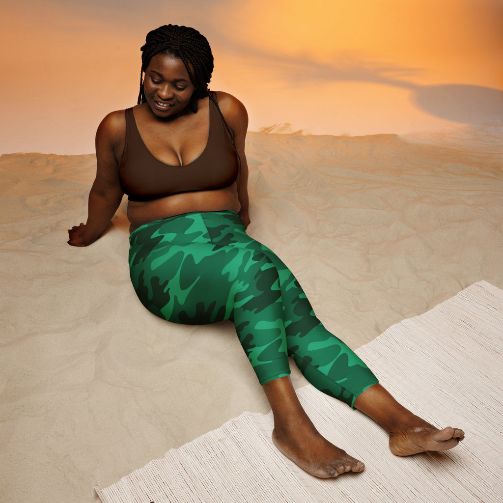 Women’s green camouflage buttery soft high-rise moisture-wicking yoga capri leggings shown from the back side