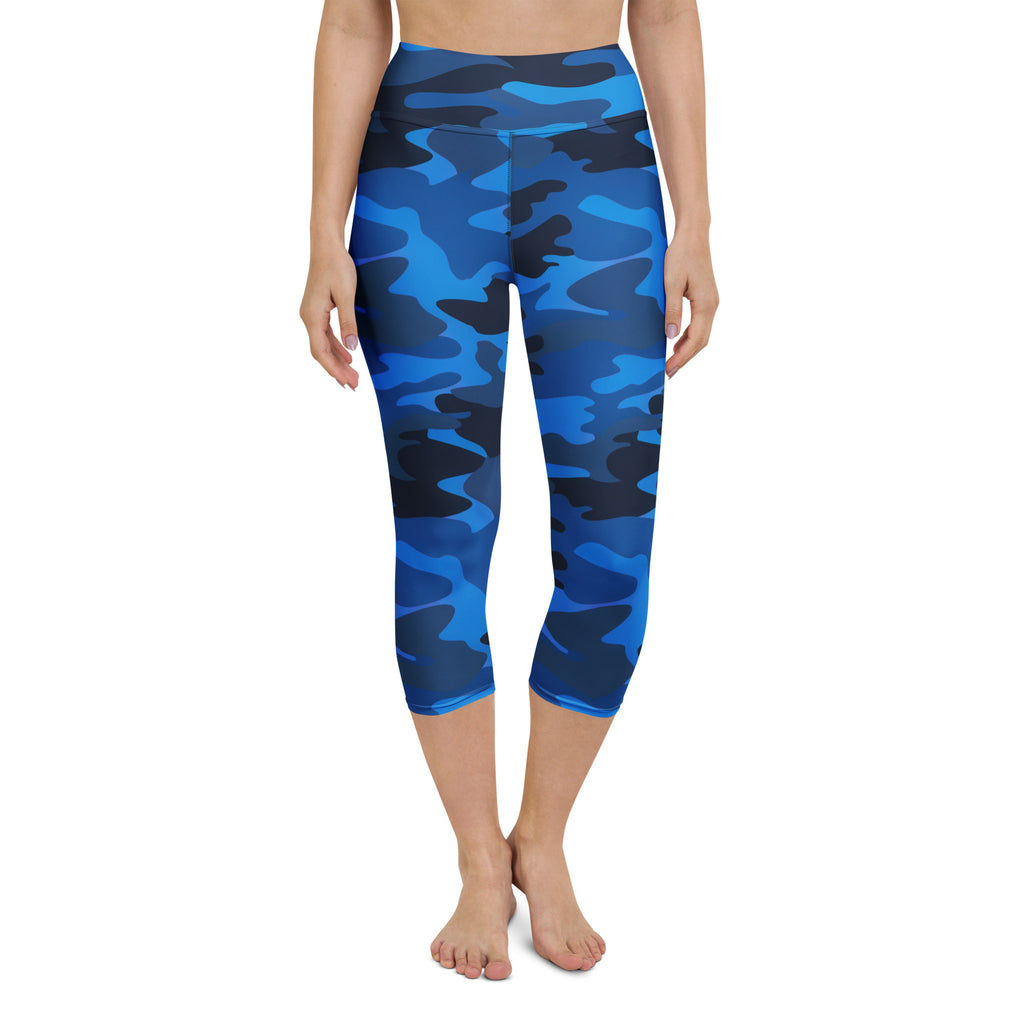 Women’s blue and black camouflage high-rise soft stretch moisture-wicking yoga capri leggings front view