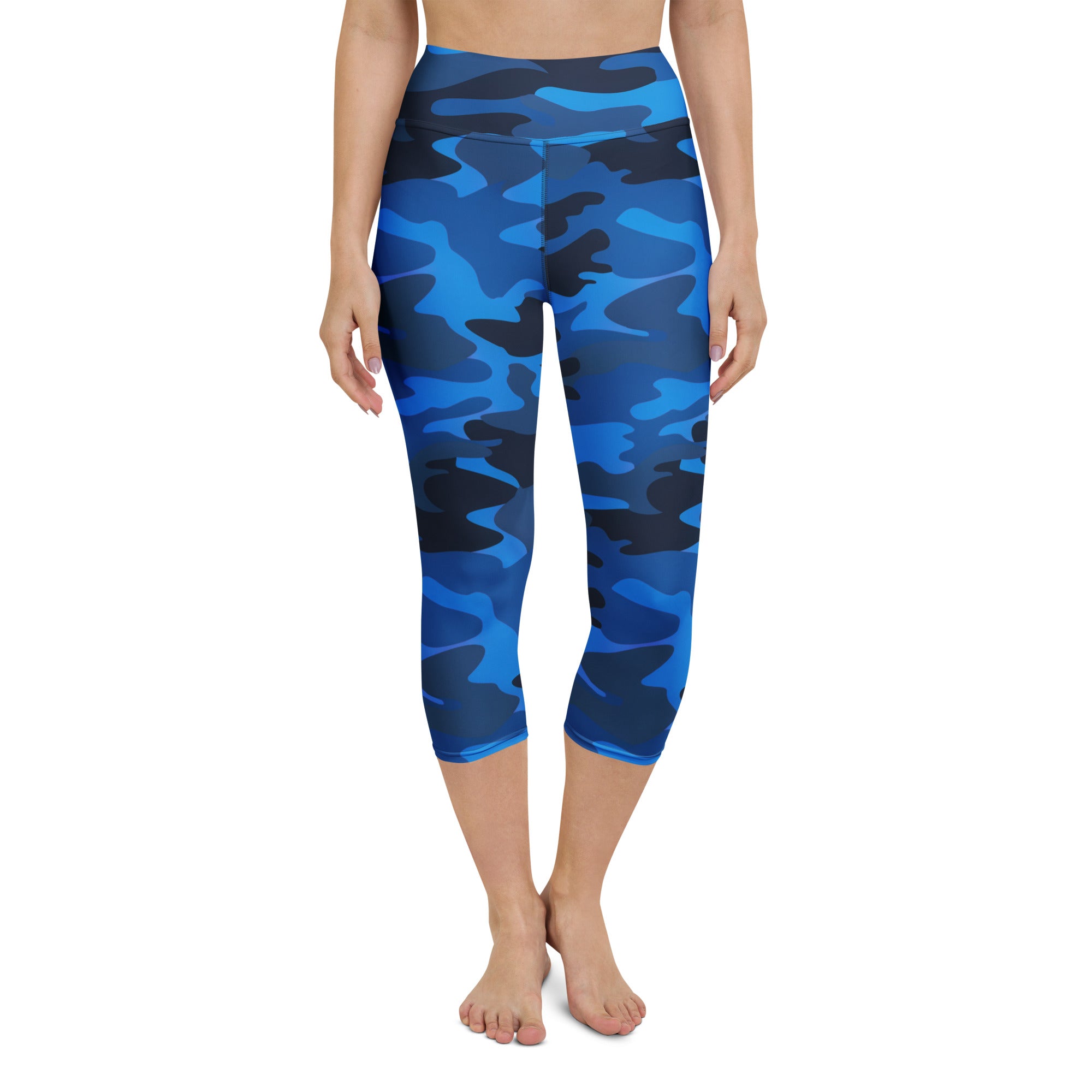Women’s blue and black camouflage high-rise soft stretch moisture-wicking yoga capri leggings front view