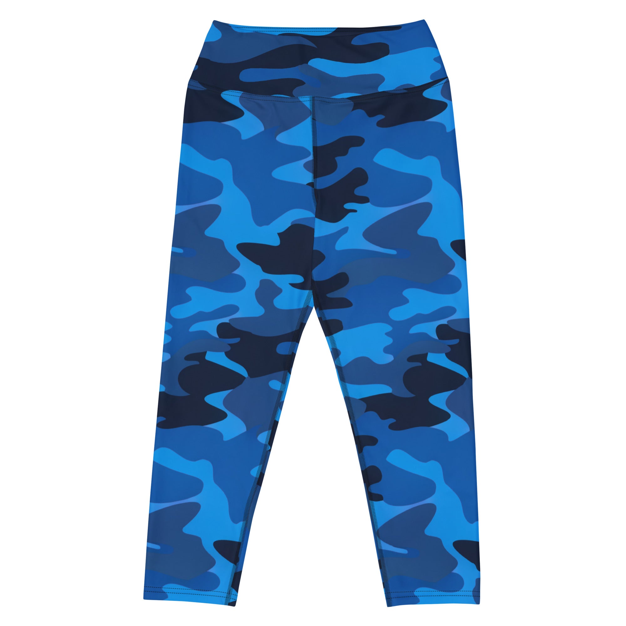 Women’s blue and black camouflage buttery soft high-rise yoga capri leggings with moisture-wicking stretch fabric