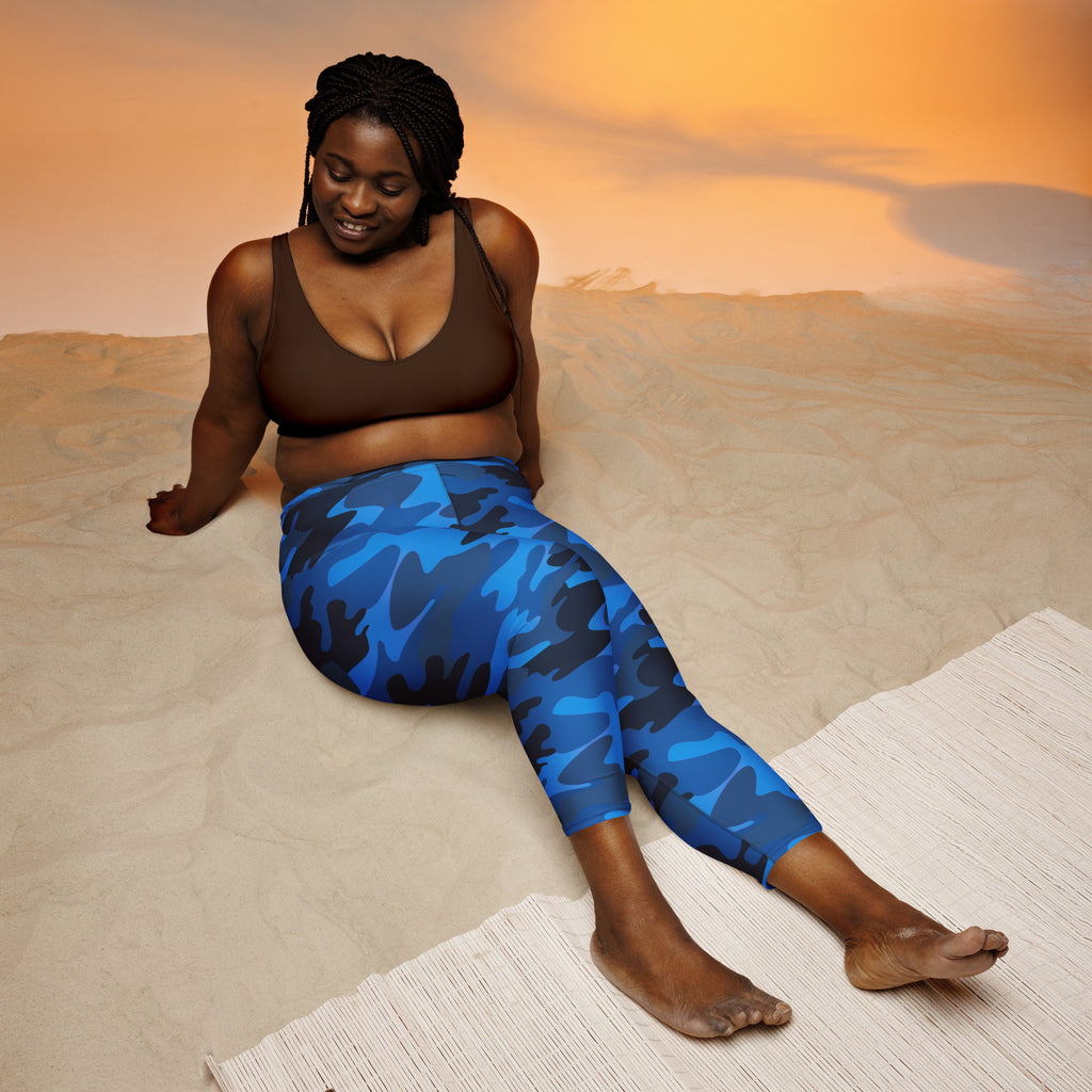 Women’s blue and black camouflage high-rise yoga capri leggings with buttery soft moisture-wicking stretch fabric