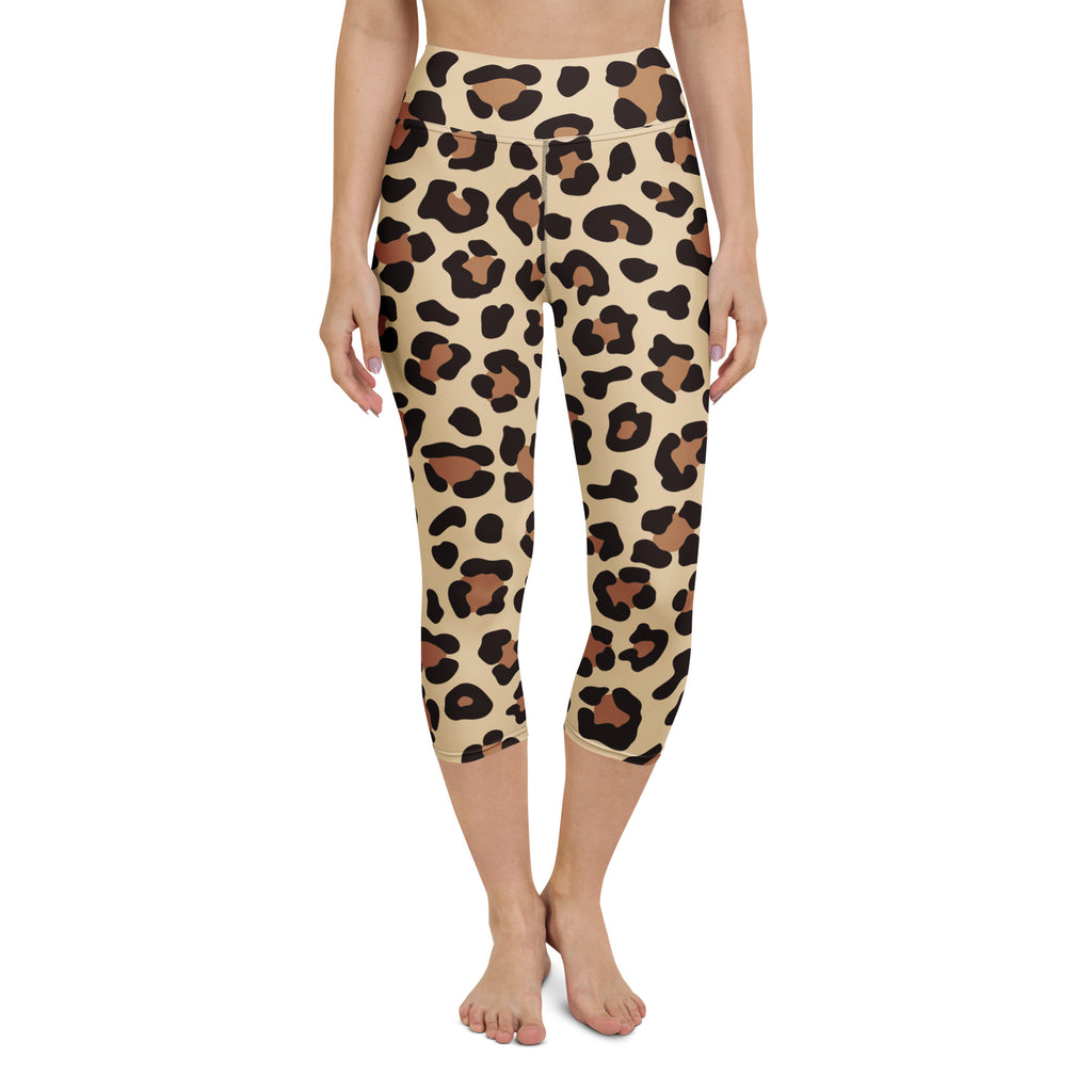 Beige leopard print buttery soft high-rise yoga capri leggings with black and brown spots moisture wicking stretch