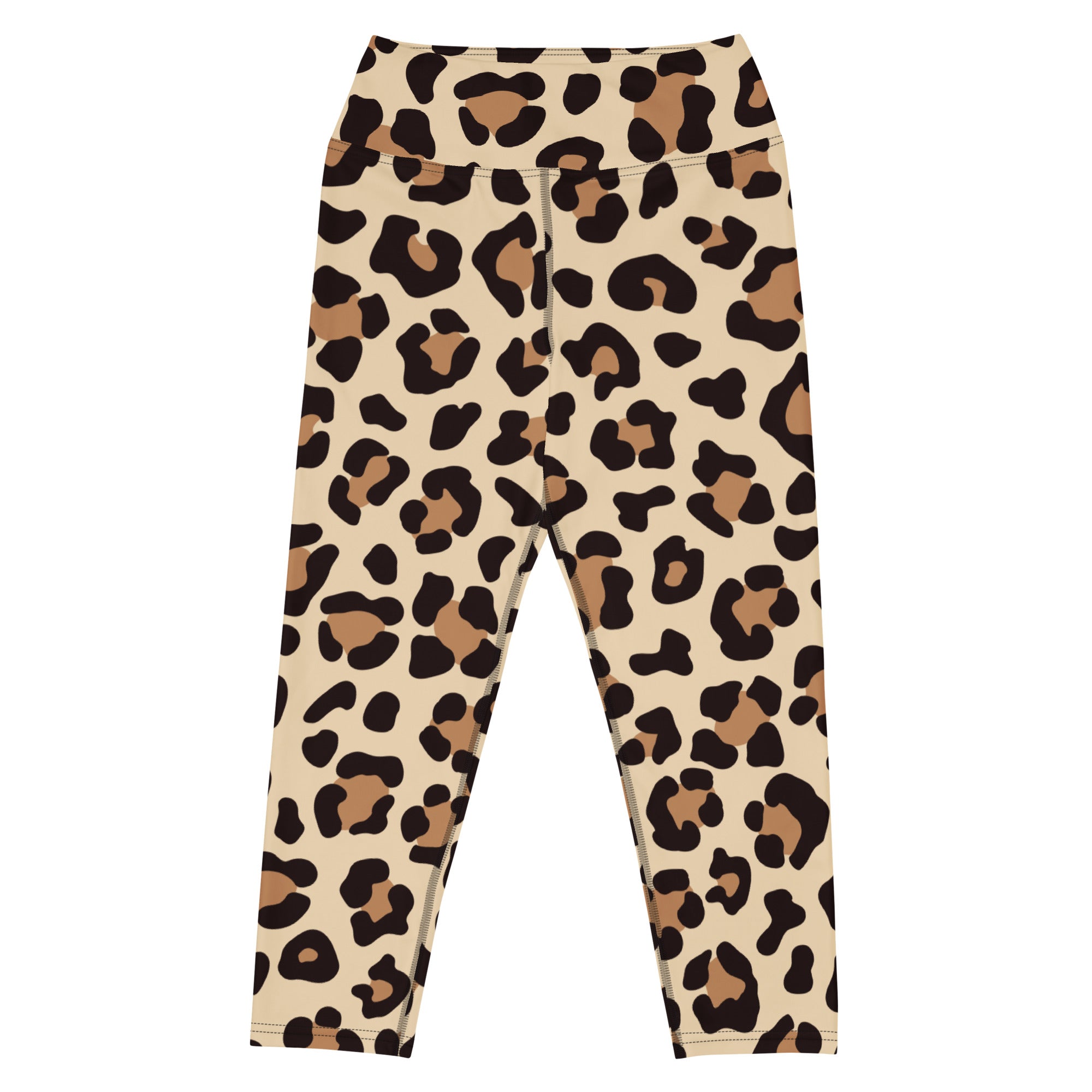 Beige leopard print buttery soft yoga capri leggings with black and tan spots high rise moisture wicking stretch