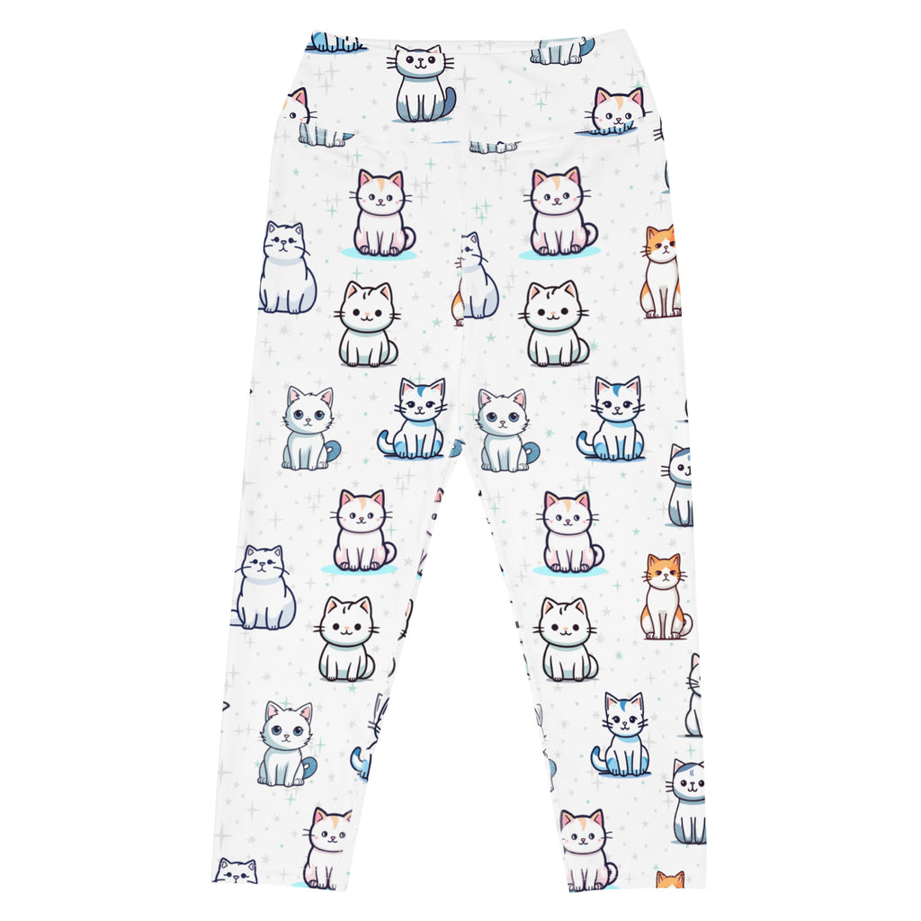 White buttery soft high-rise yoga capri leggings with colorful cartoon cat print and moisture-wicking stretch fabric