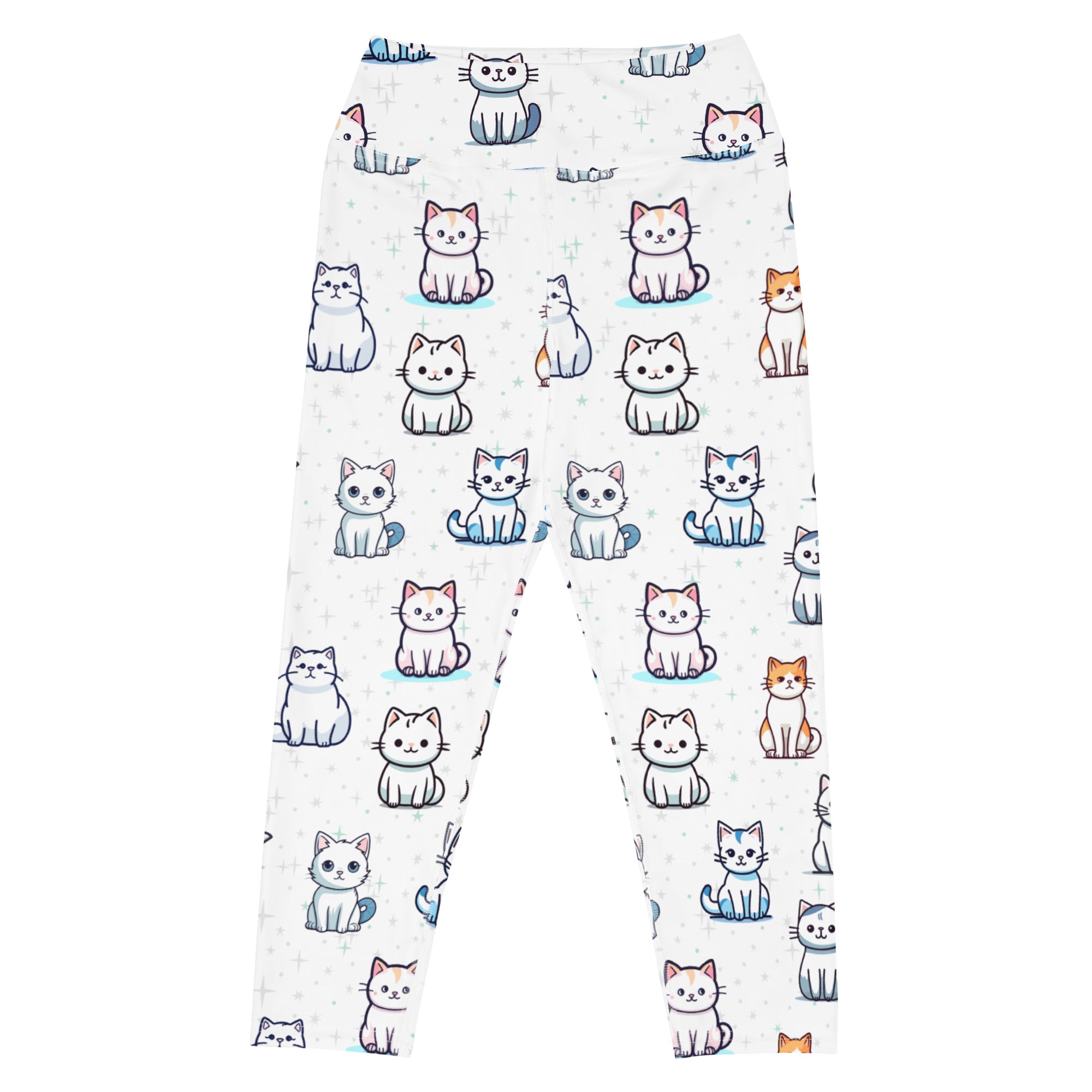 White buttery soft high-rise yoga capri leggings with colorful cartoon cat print and moisture-wicking stretch fabric