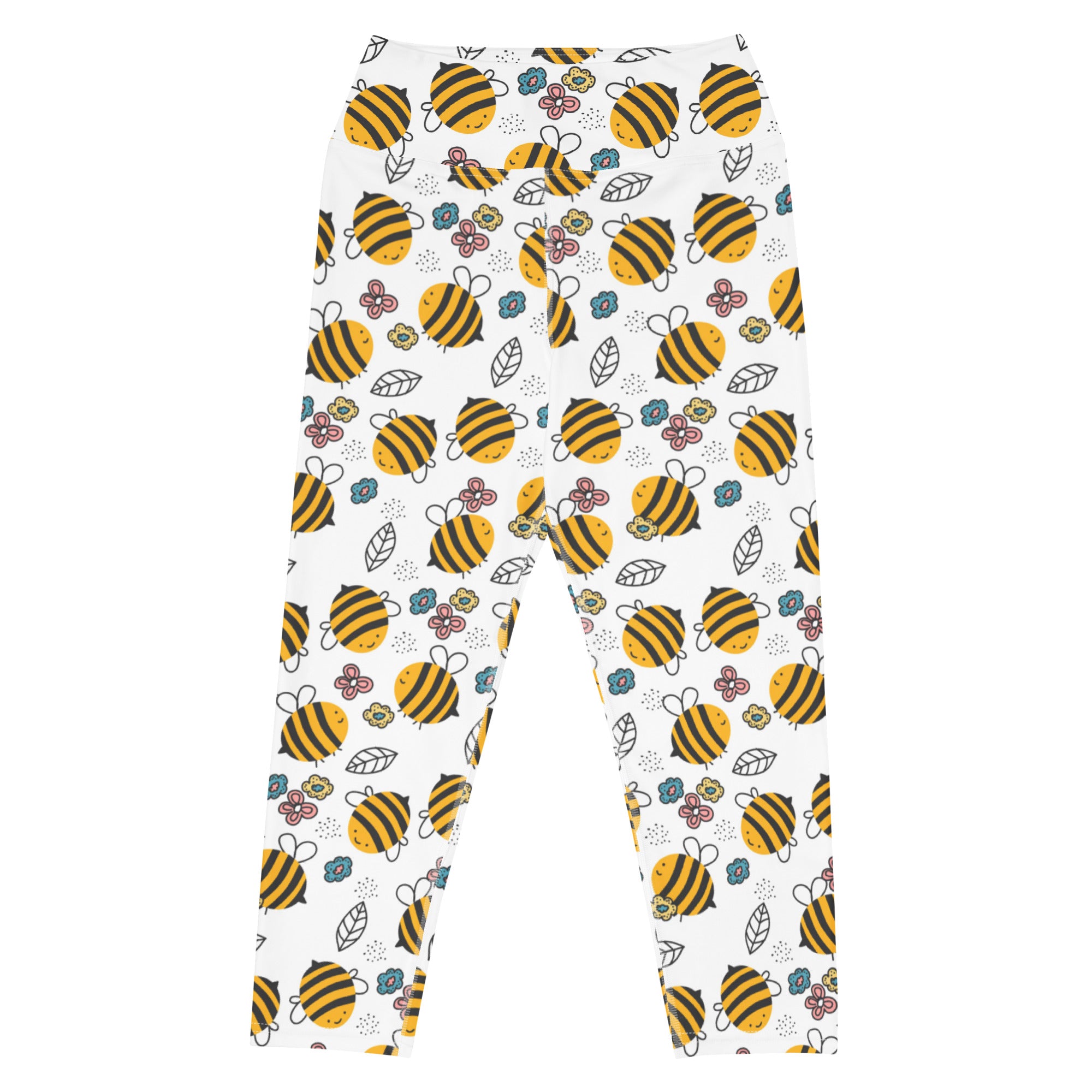 Women’s white high-rise yoga capri leggings with yellow and black bumblebee and pastel floral pattern soft stretch