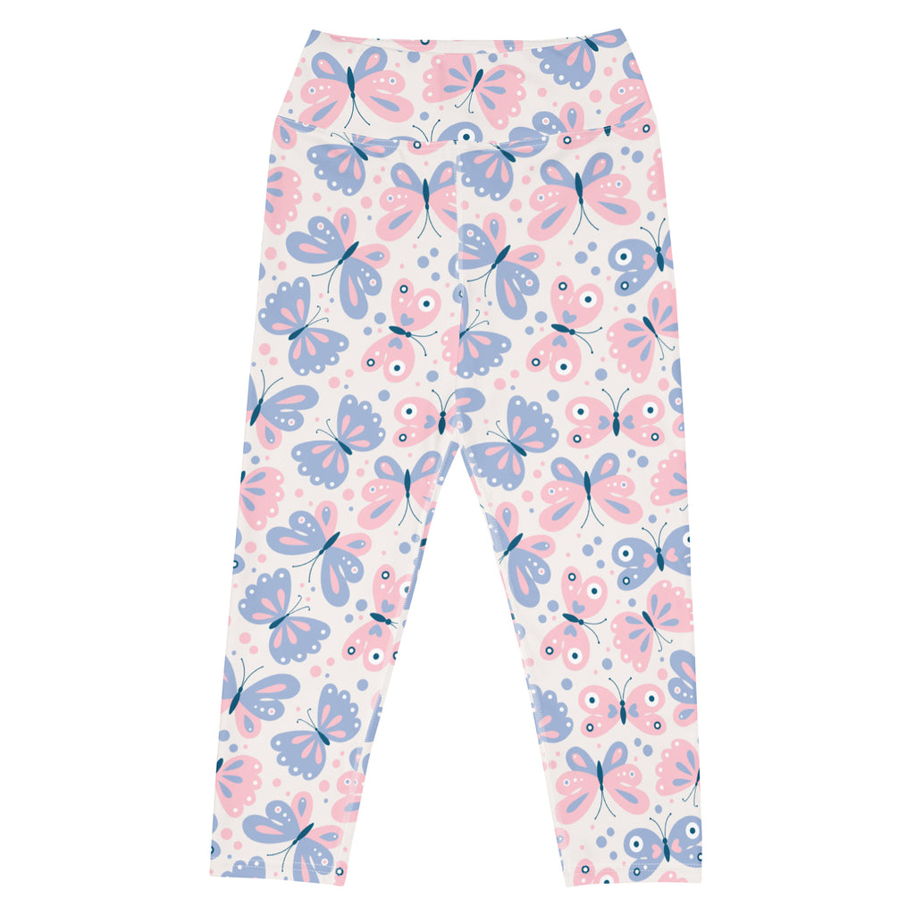 Women’s pastel butterfly buttery soft yoga capri leggings in pink and blue with high-rise moisture-wicking stretch