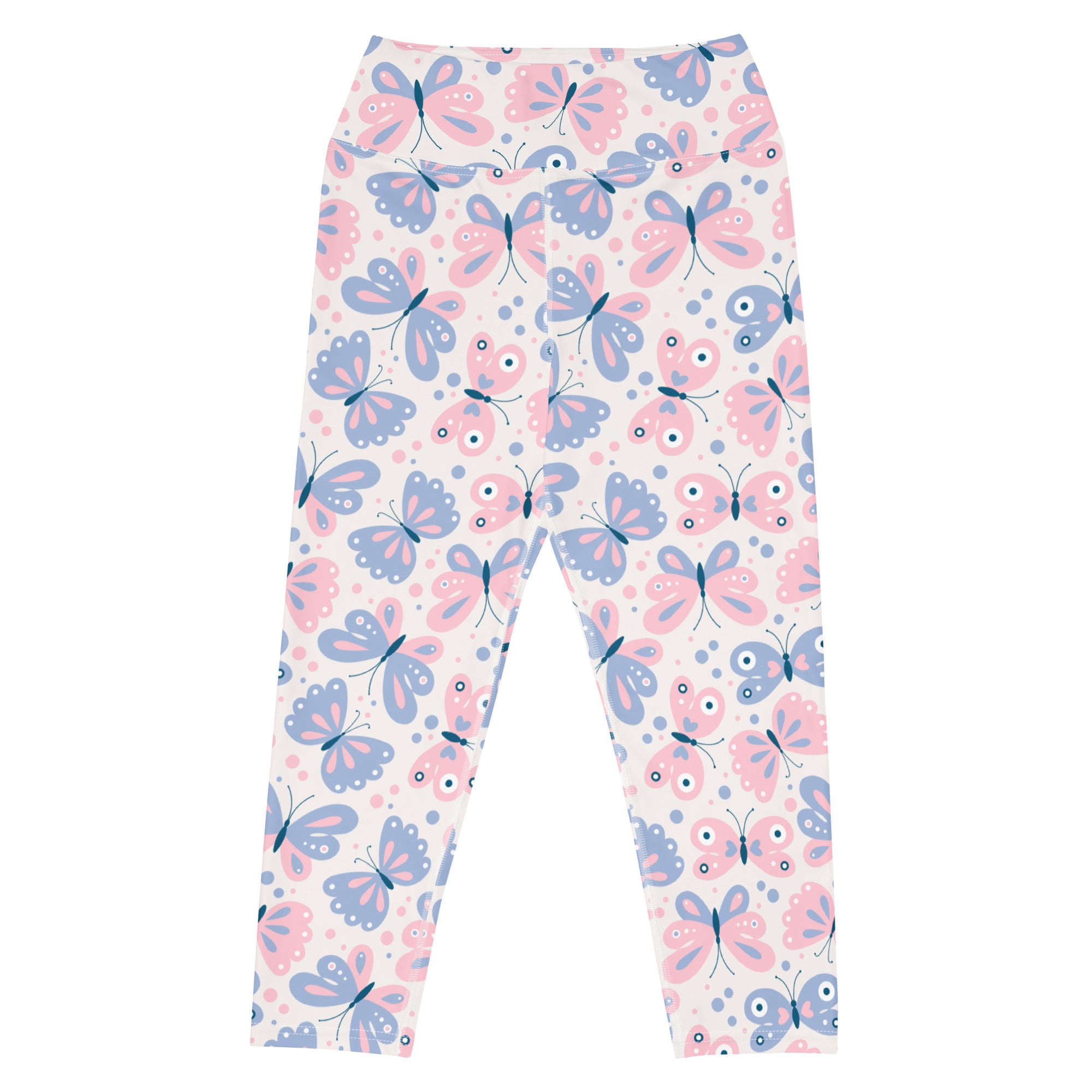 Women’s pastel butterfly buttery soft yoga capri leggings in pink and blue with high-rise moisture-wicking stretch