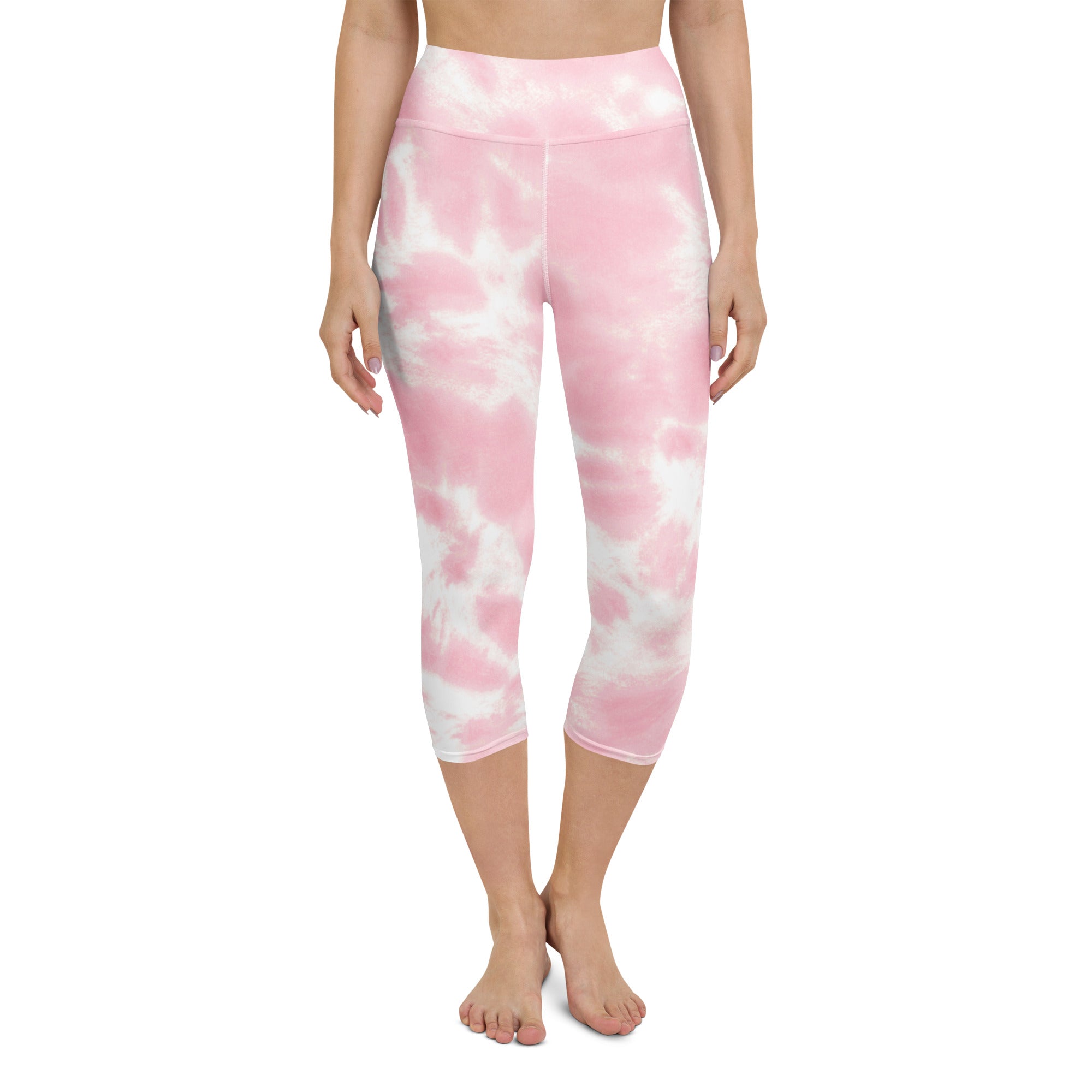 Women’s pink and white tie dye buttery soft high rise capri leggings with moisture wicking stretch fabric for yoga