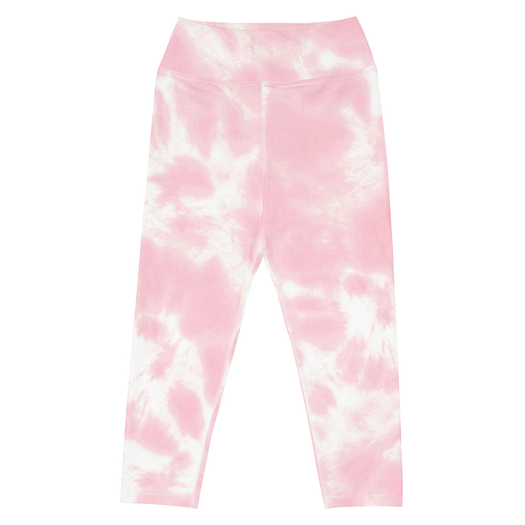 Women’s pink and white tie dye buttery soft high rise yoga capri leggings with moisture wicking stretch fabric