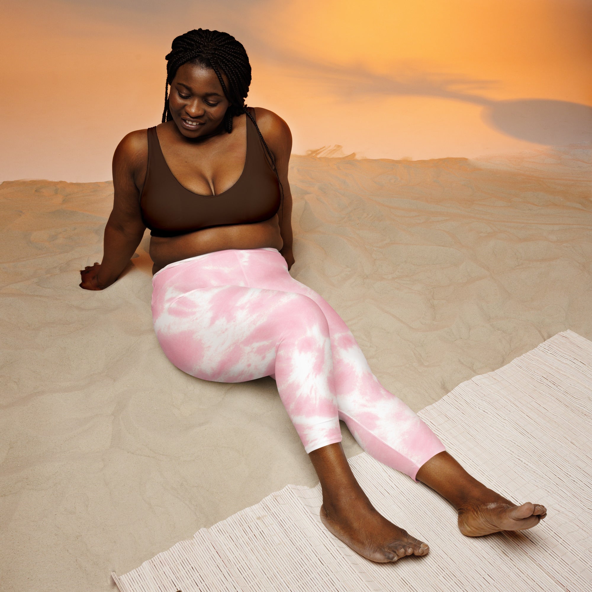 Women’s pink and white tie dye buttery soft high rise yoga capri leggings with moisture wicking stretch fabric
