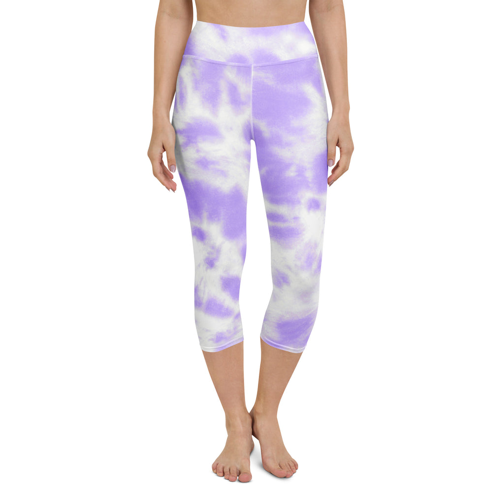 Women’s purple and white tie dye buttery soft high rise yoga capri leggings with moisture wicking stretch fabric