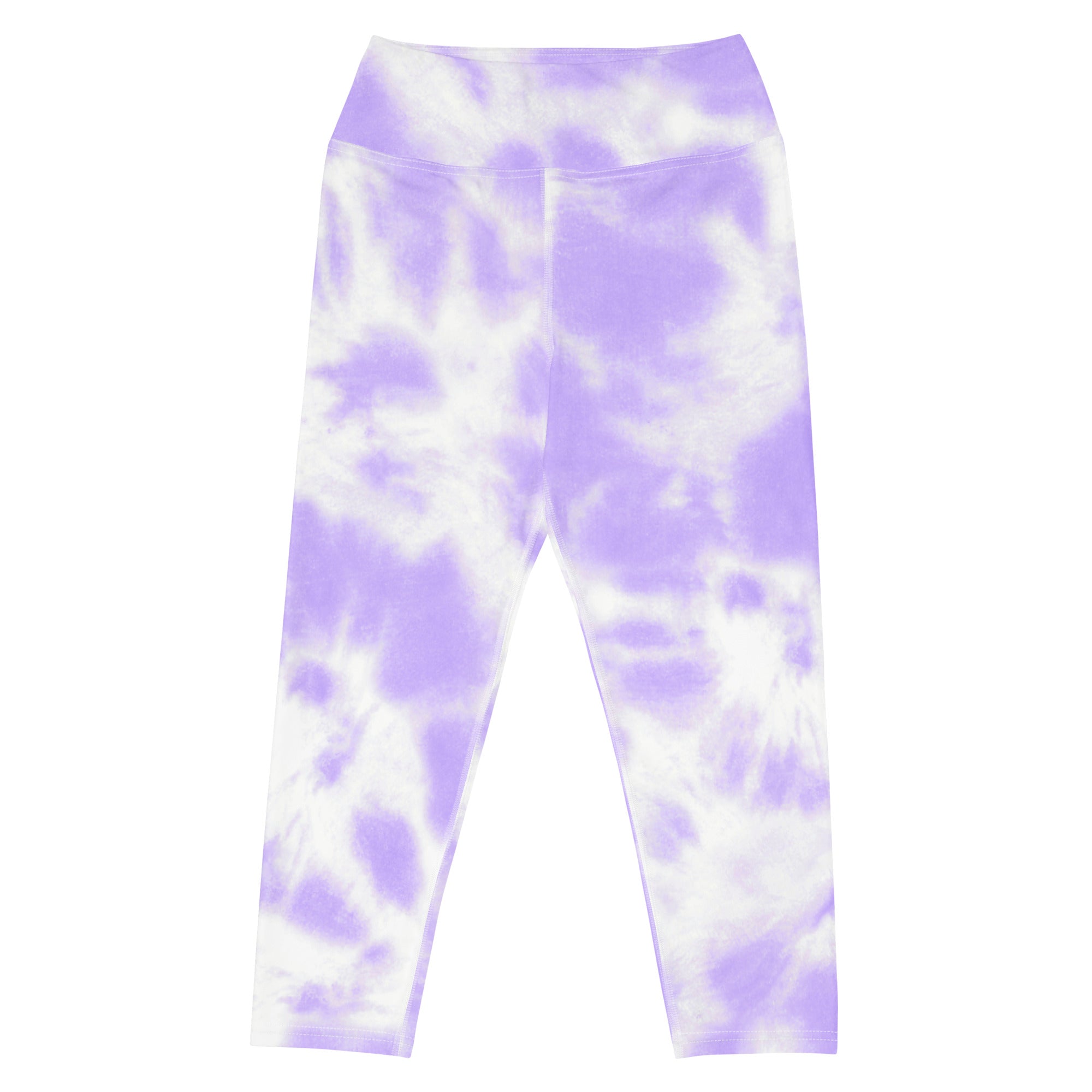 Women’s purple and white tie dye buttery soft high rise yoga capri leggings with moisture wicking stretch fabric