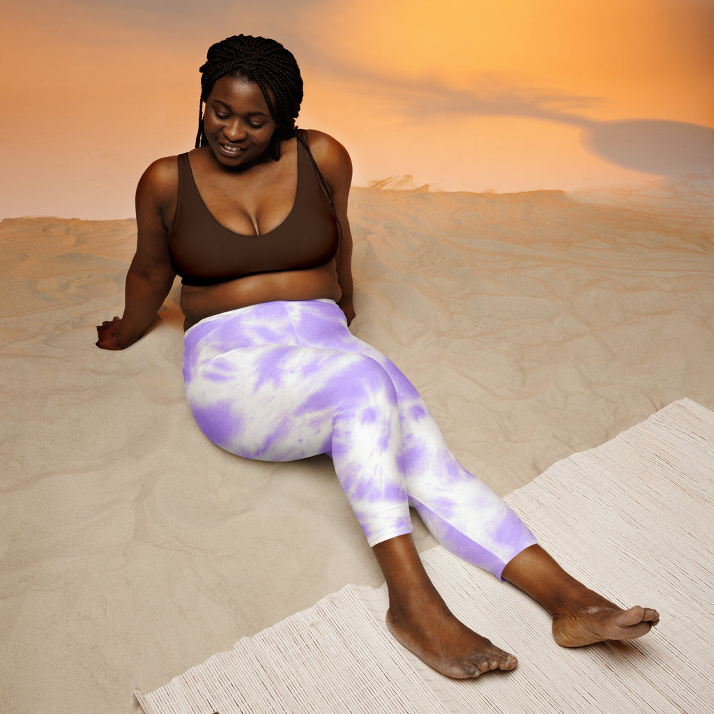 Women’s purple and white tie dye buttery soft high rise yoga capri leggings with moisture wicking stretch fabric