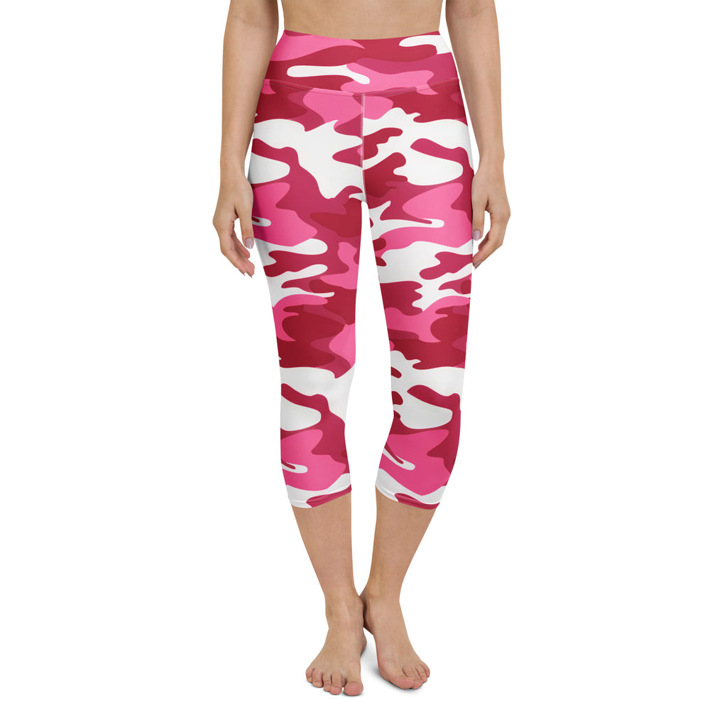 Women’s vibrant pink and white camouflage buttery soft high-rise moisture-wicking yoga capri leggings