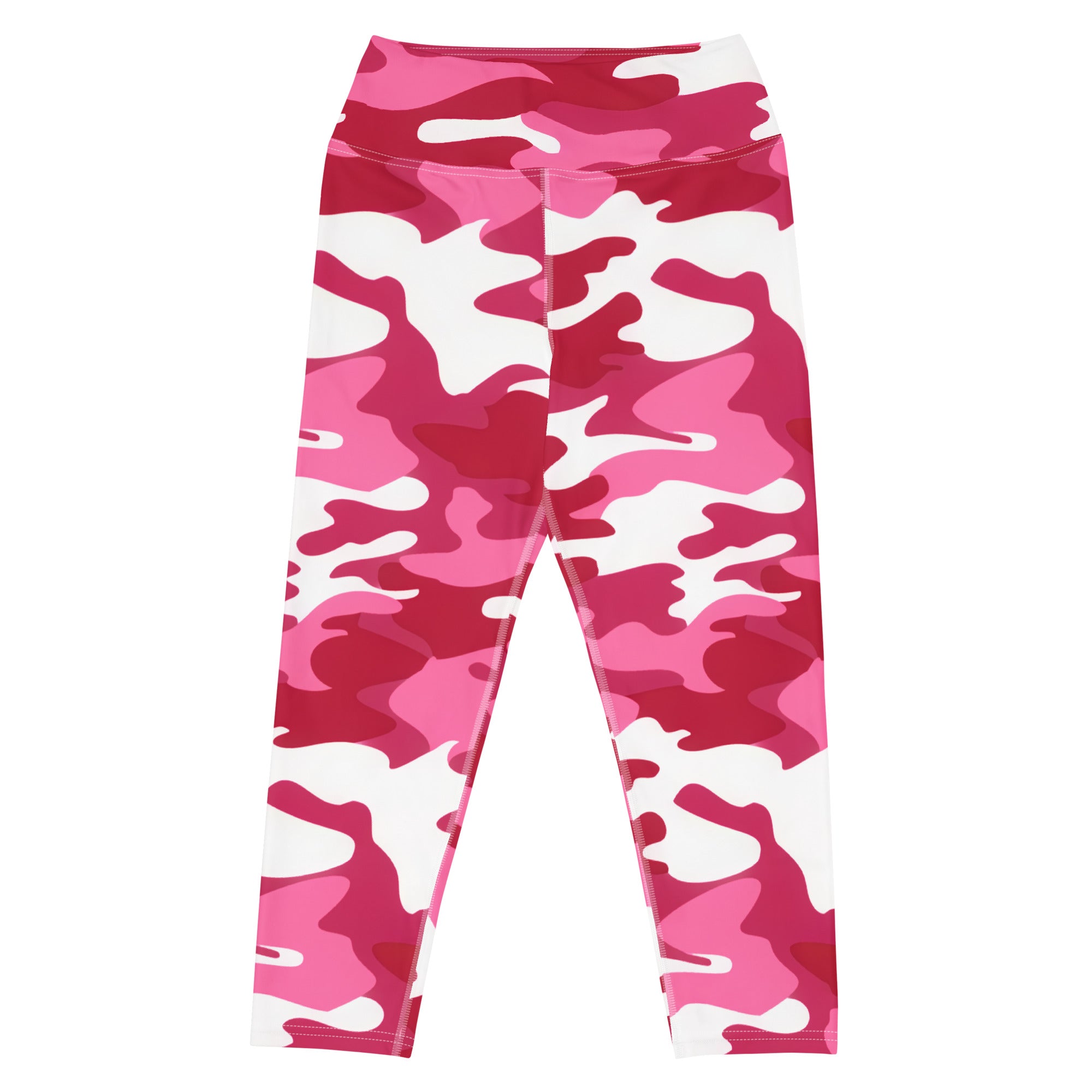 Women’s vibrant pink and white camouflage buttery soft high-rise yoga capri leggings with moisture-wicking stretch