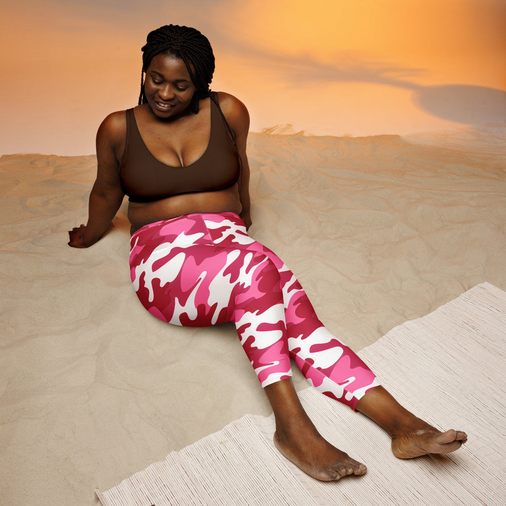 Women’s vibrant pink and white camouflage high-rise buttery soft moisture-wicking yoga capri leggings