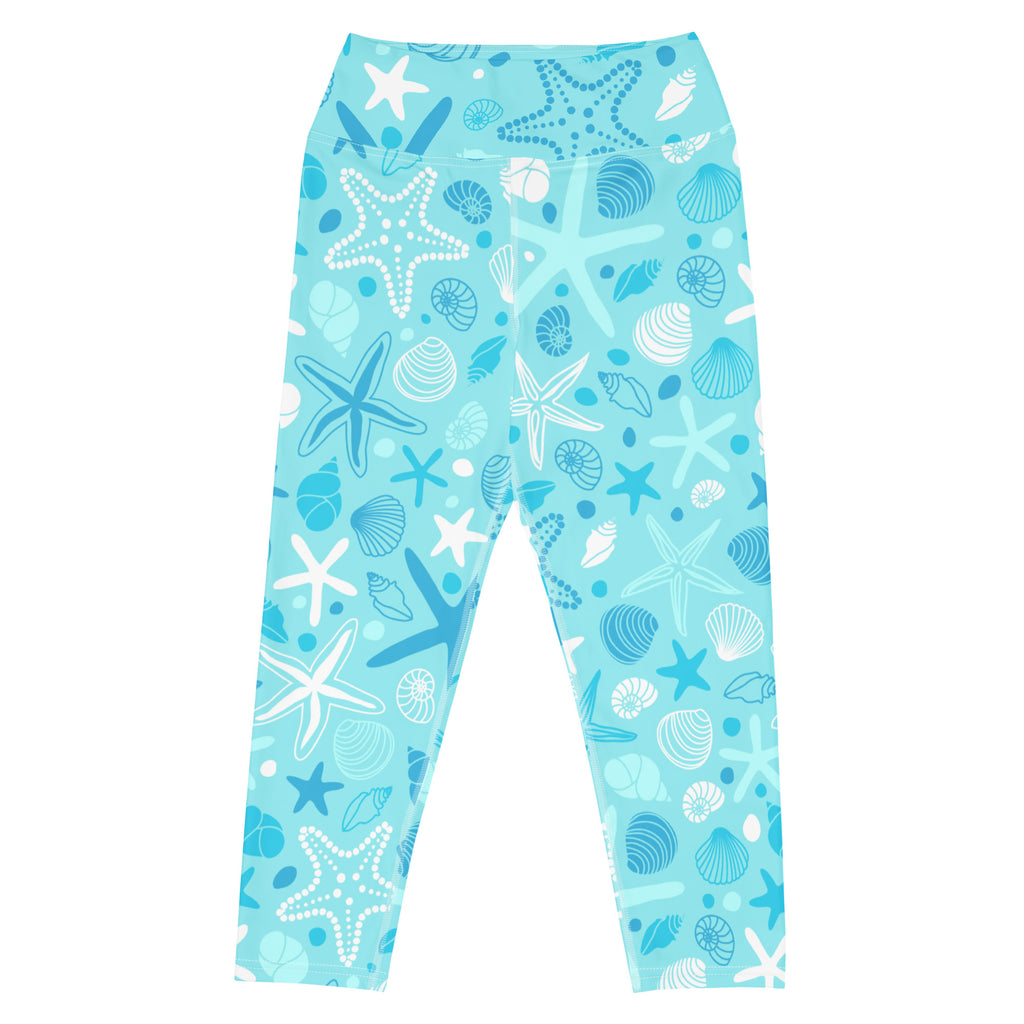 Light blue high-rise buttery soft yoga capri leggings with white and dark blue starfish shells and sea creatures pattern
