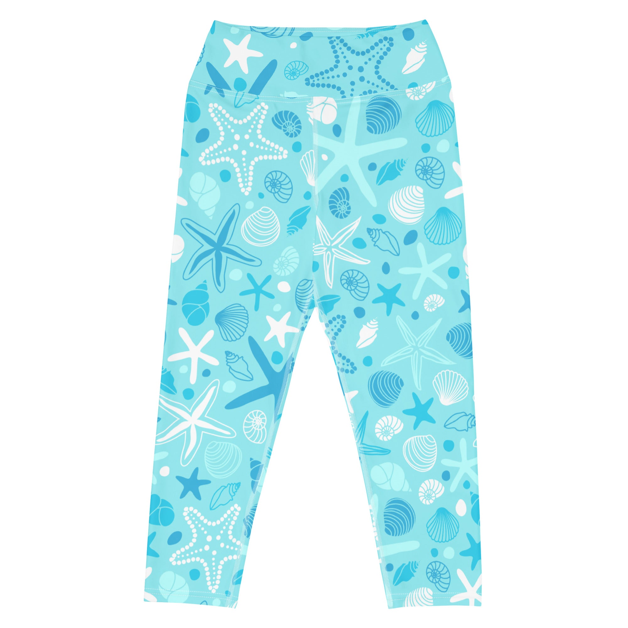 Light blue high-rise buttery soft yoga capri leggings with white and dark blue starfish shells and sea creatures pattern